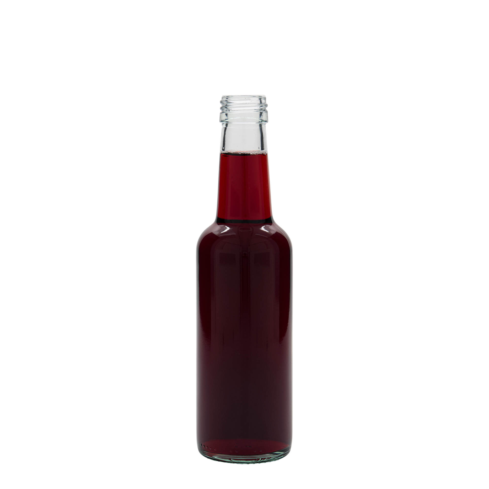 250 ml stiklinis butelis su tiesiu kakleliu, anga: PP 28 250 ml stiklinis butelis su tiesiu kakleliu, anga: PP 28