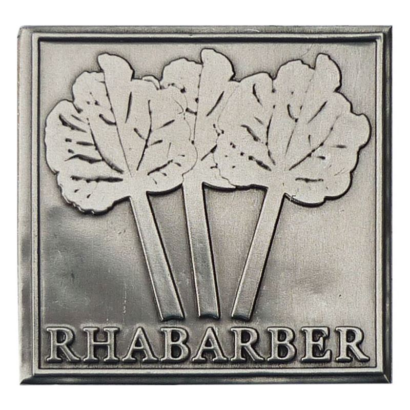 Švino etiketė „Rabarbaras“, kvadratinė, metalinė, sidabrinė