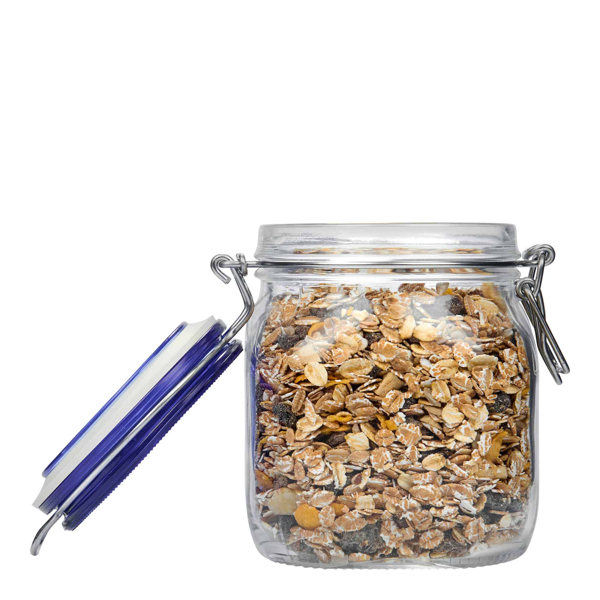 750 ml vielos užsegamas stiklainis „Fido“ mėlynu dangteliu, kvadratinis, anga: vielos užsegimas