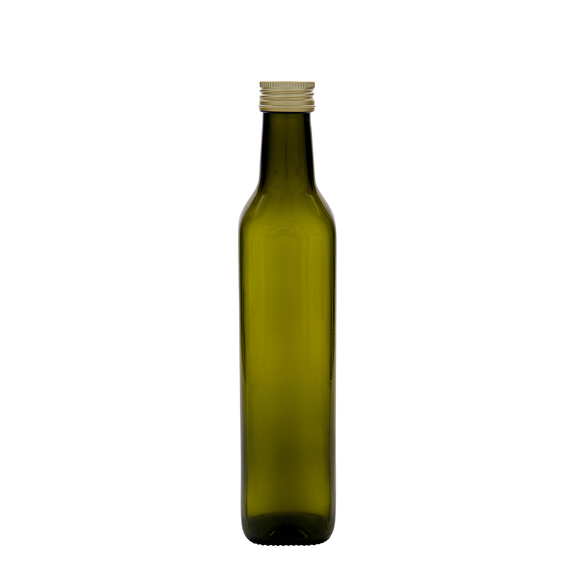 500 ml stiklinis butelis „Marasca“, kvadratinis, antikinės žalios spalvos, burna: PP 31,5