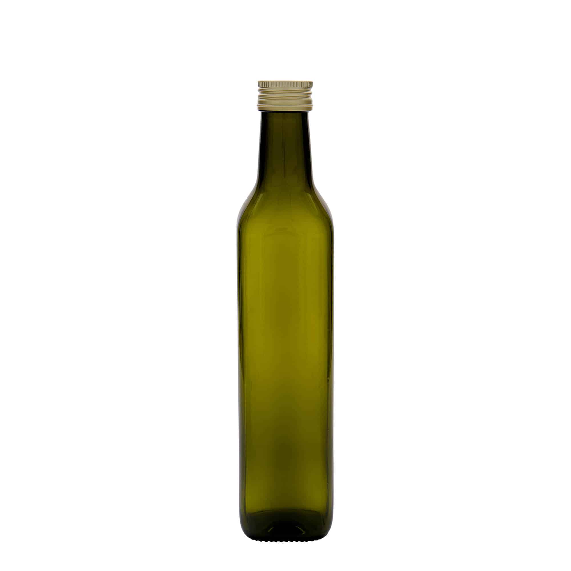 500 ml stiklinis butelis „Marasca“, kvadratinis, antikinės žalios spalvos, burna: PP 31,5