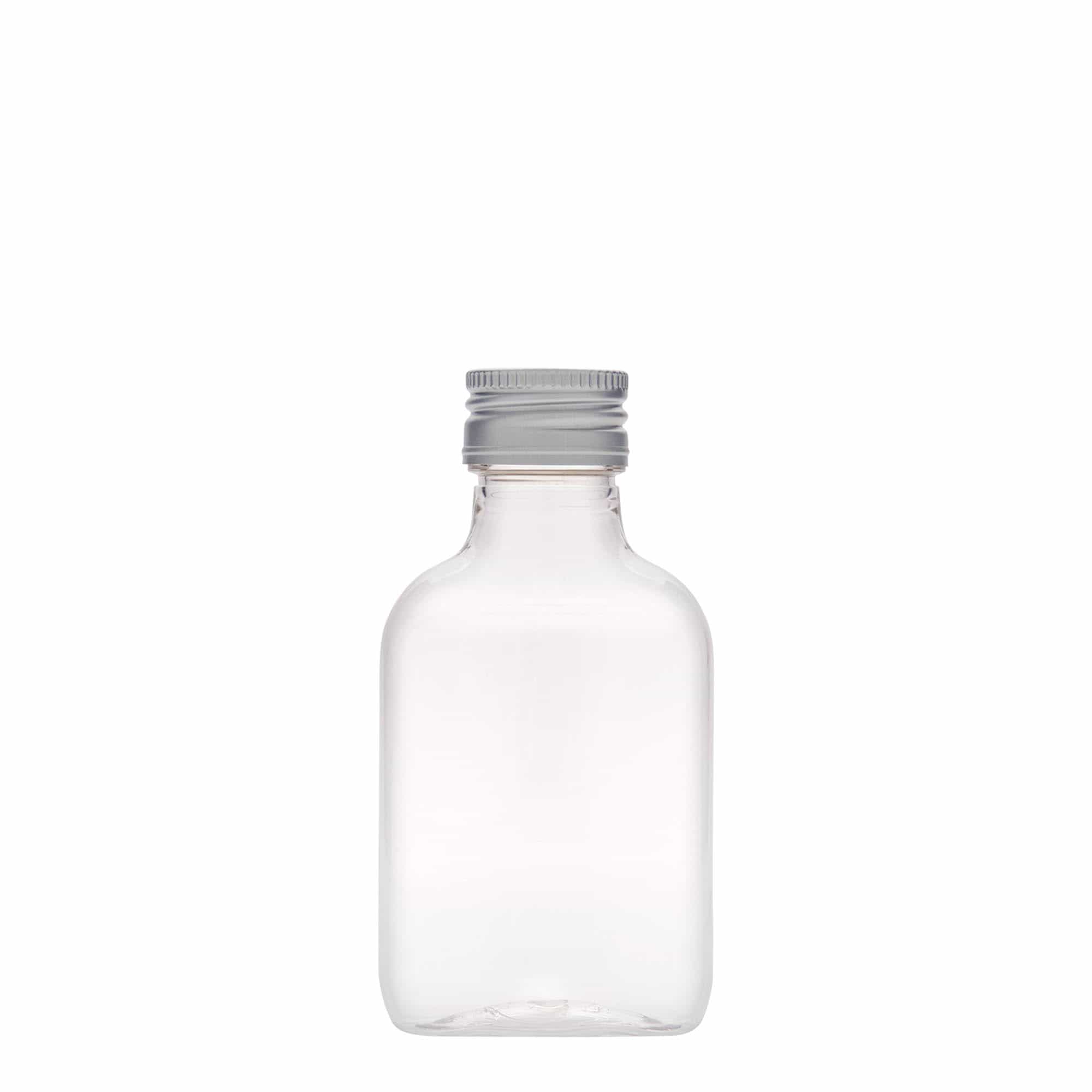 100 ml kišeninė buteliukė, ovali, PET plastikas, burna: PP 28