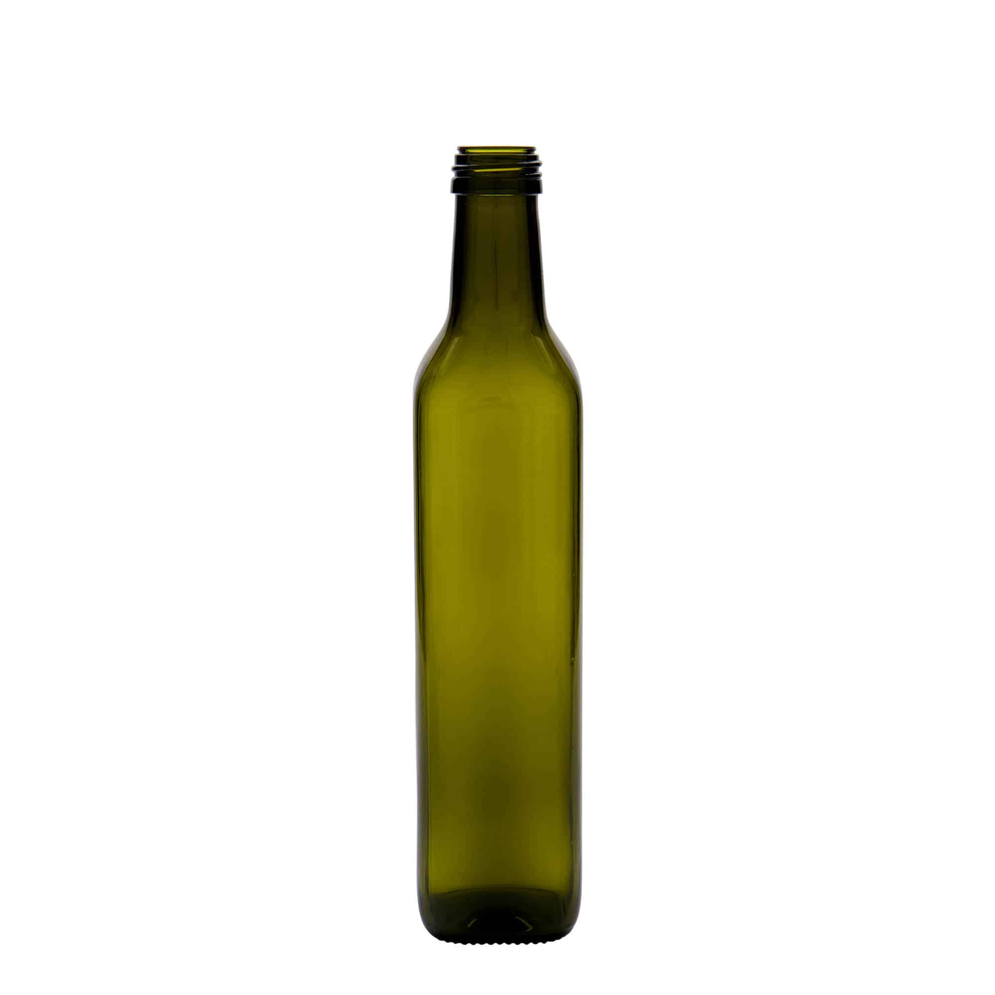 500 ml stiklinis butelis „Marasca“, kvadratinis, antikinės žalios spalvos, burna: PP 31,5