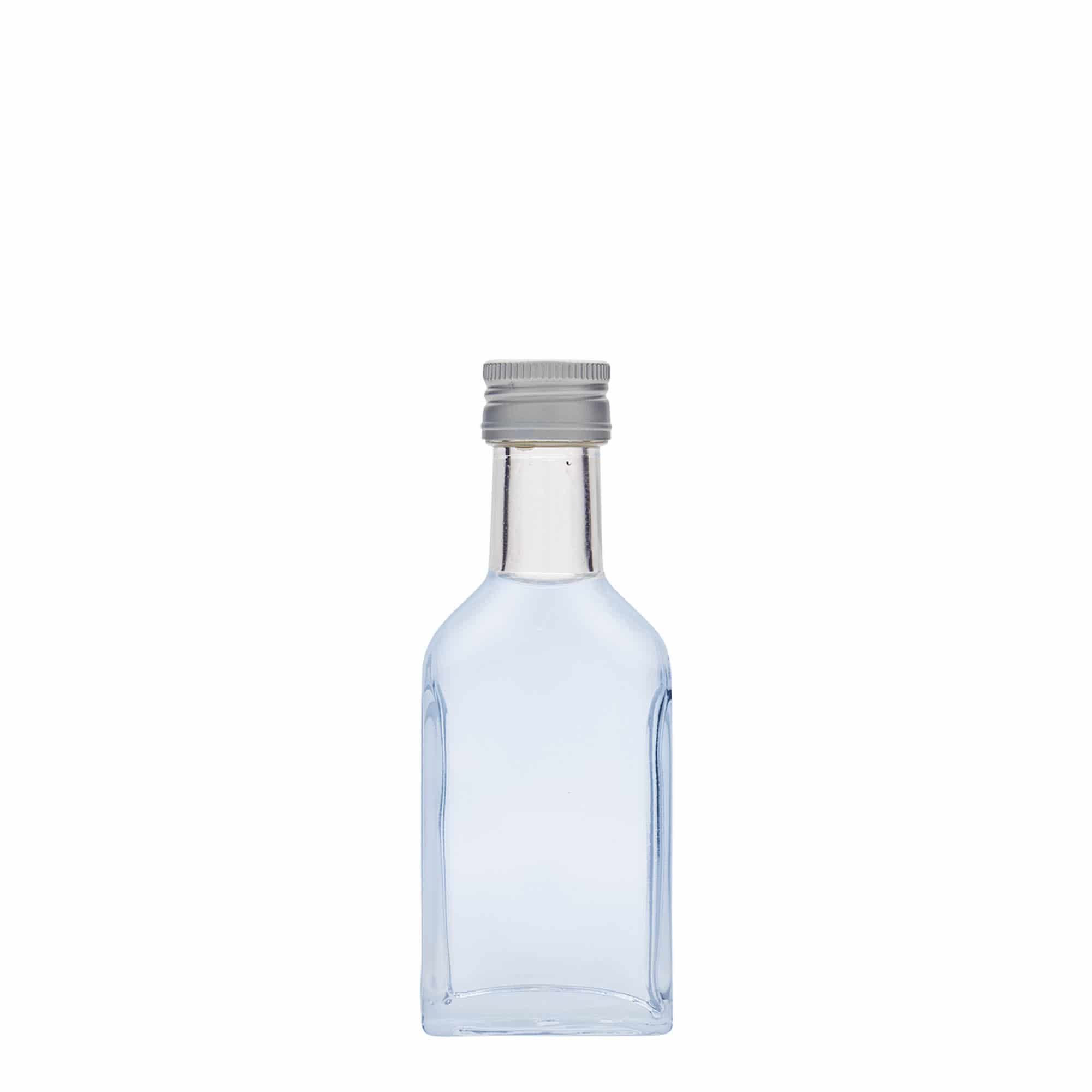 40 ml kišeninė buteliukė ilgai kakliukui, stačiakampė, stiklas, anga: PP 22