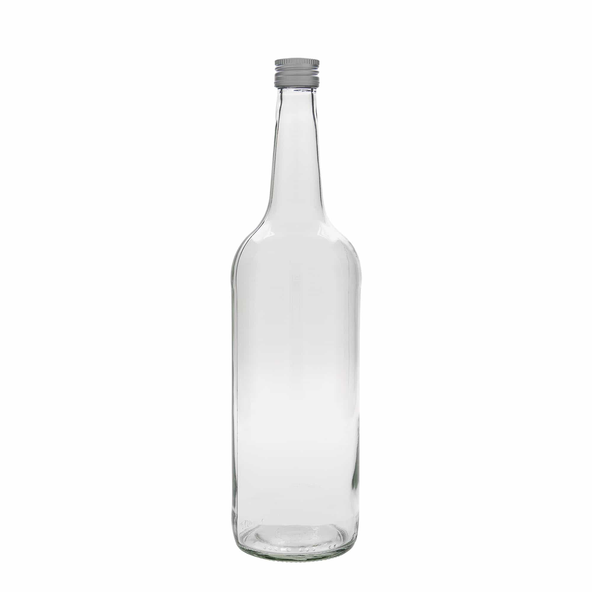 1.000 ml stiklinis butelis su tiesiu kakleliu, anga: PP 28 1.000 ml stiklinis butelis su tiesiu kakleliu, anga: PP 28