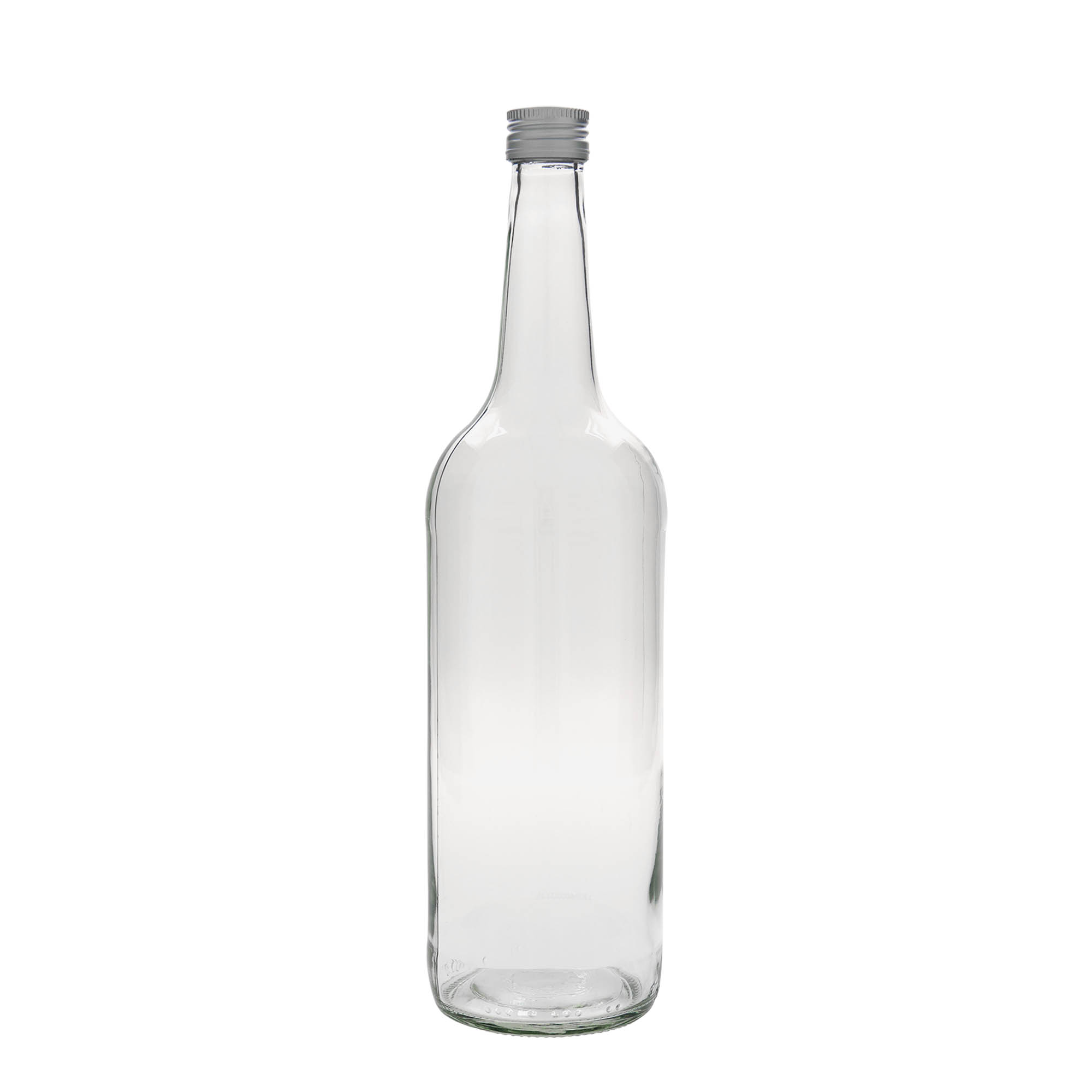 1.000 ml stiklinis butelis su tiesiu kakleliu, anga: PP 28 1.000 ml stiklinis butelis su tiesiu kakleliu, anga: PP 28
