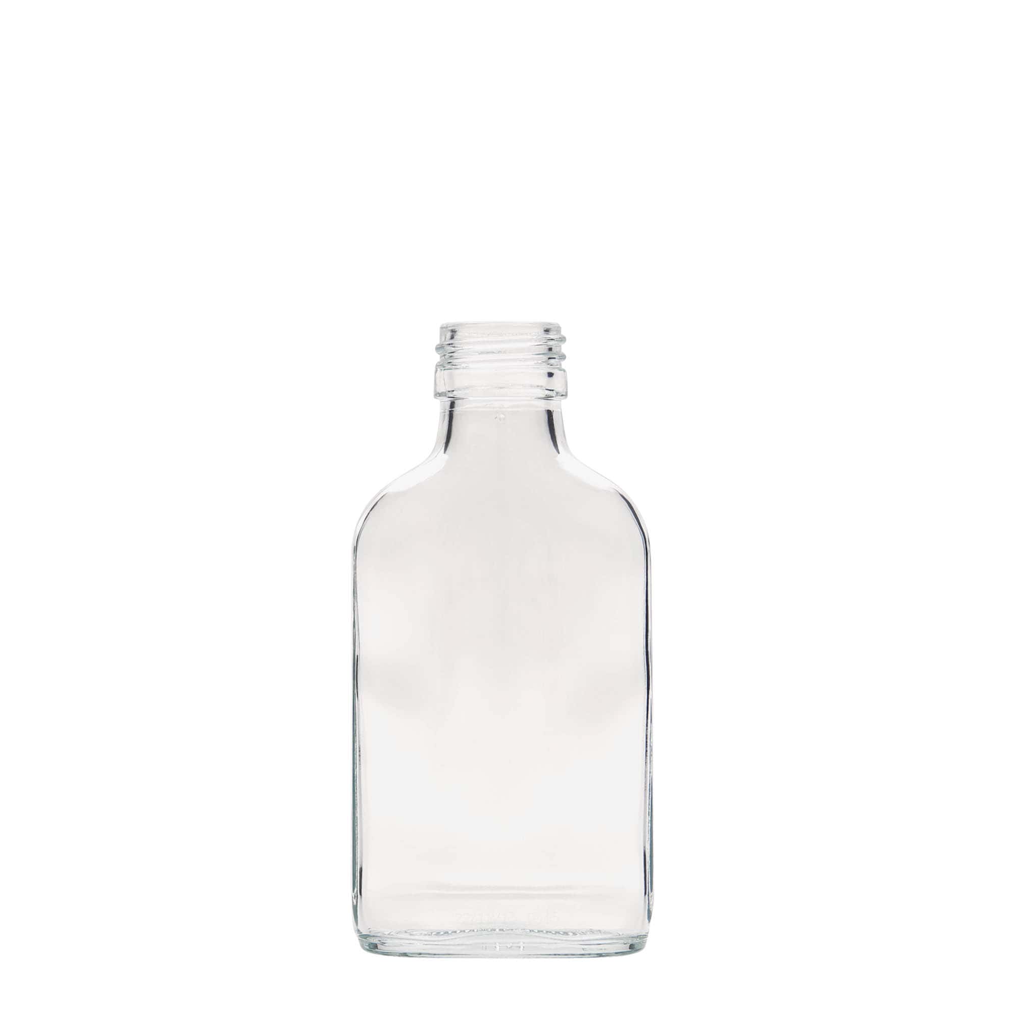 100 ml kišeninė buteliuko forma, stačiakampė, stiklas, anga: PP 28