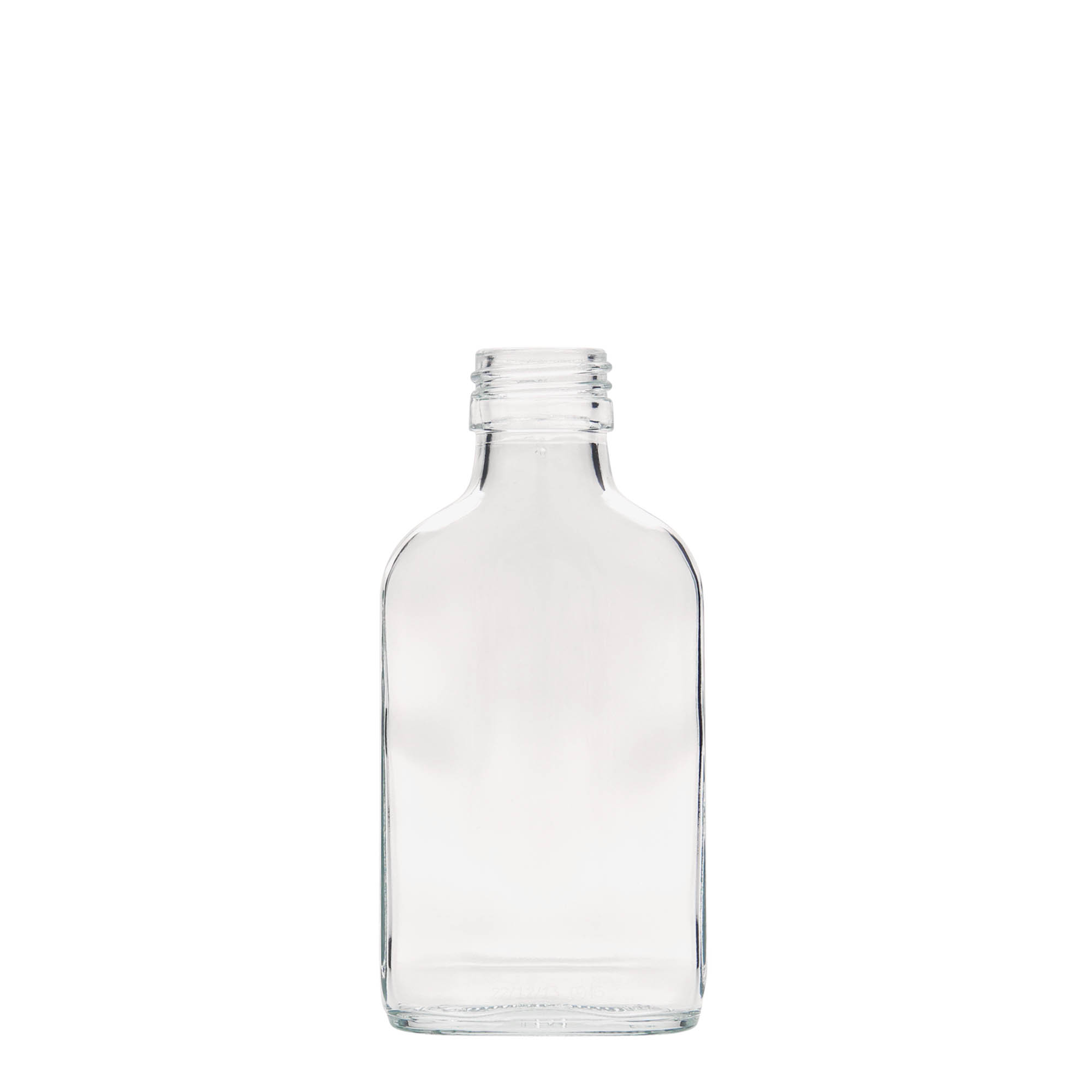 100 ml kišeninė buteliuko forma, stačiakampė, stiklas, anga: PP 28