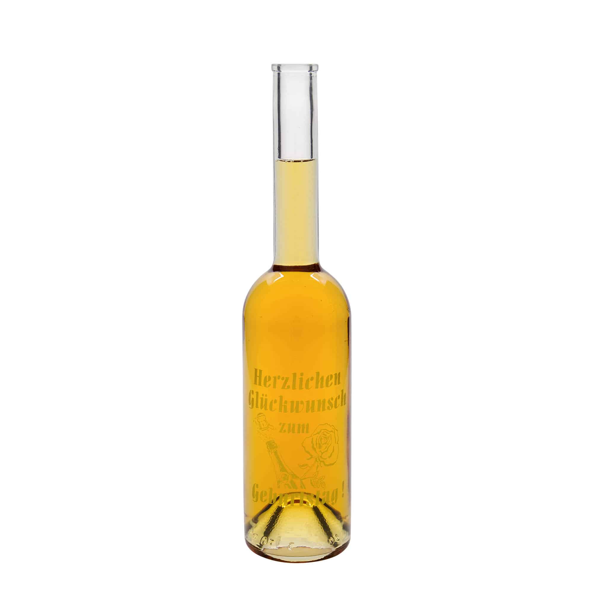 500 ml stiklinis butelis „Opera“, motyvas: gimtadienio butelis, kaklelis: kamštis