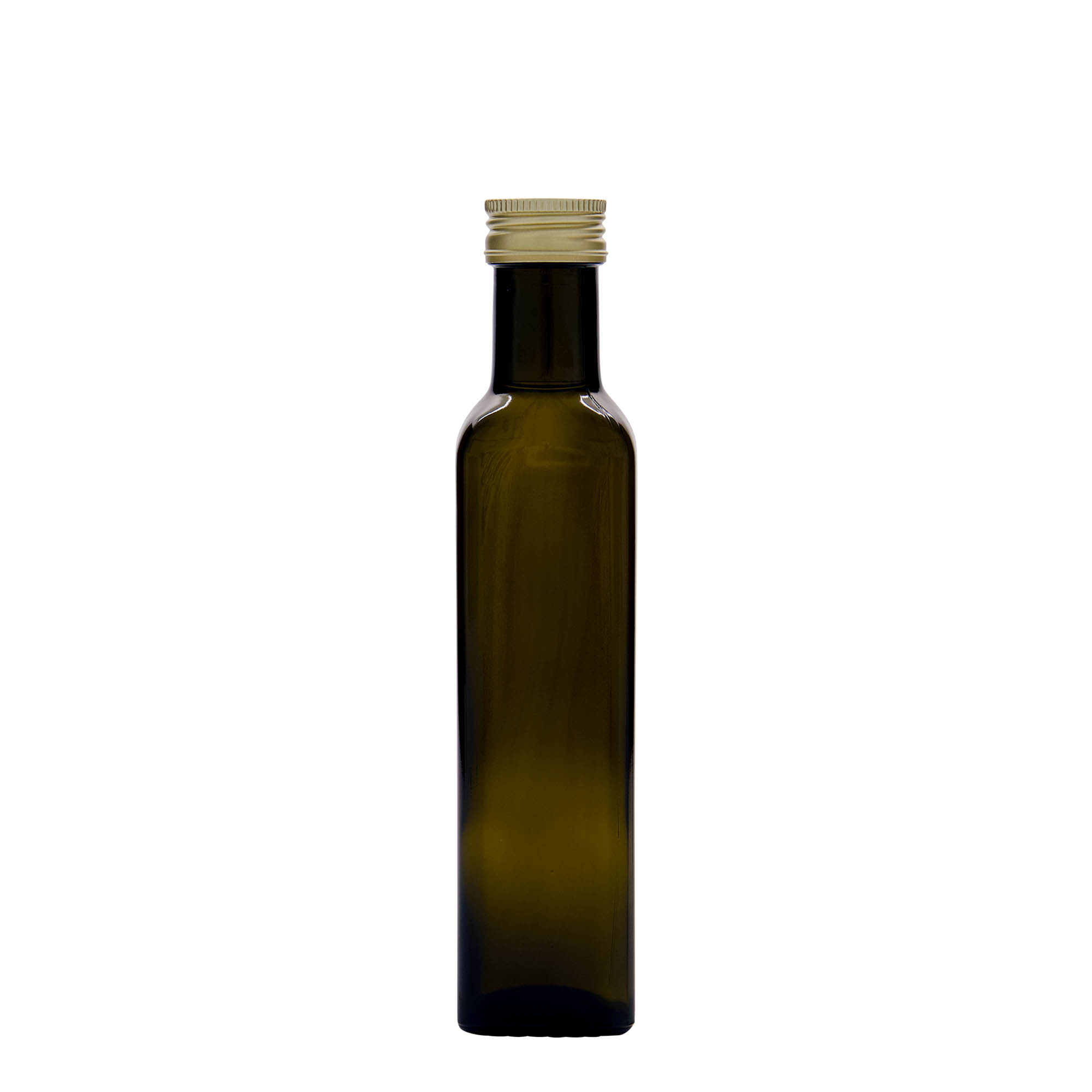 250 ml stiklinis butelis „Marasca“, kvadratinis, antikinės žalumos, anga: PP 31,5
