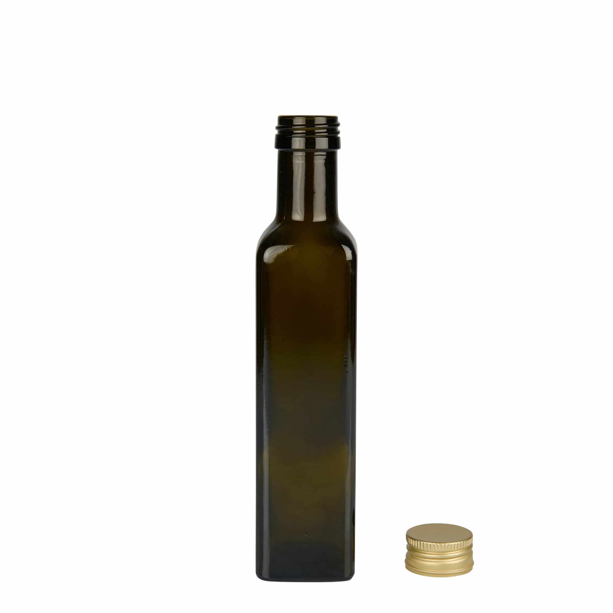 250 ml stiklinis butelis „Marasca“, kvadratinis, antikinės žalumos, anga: PP 31,5