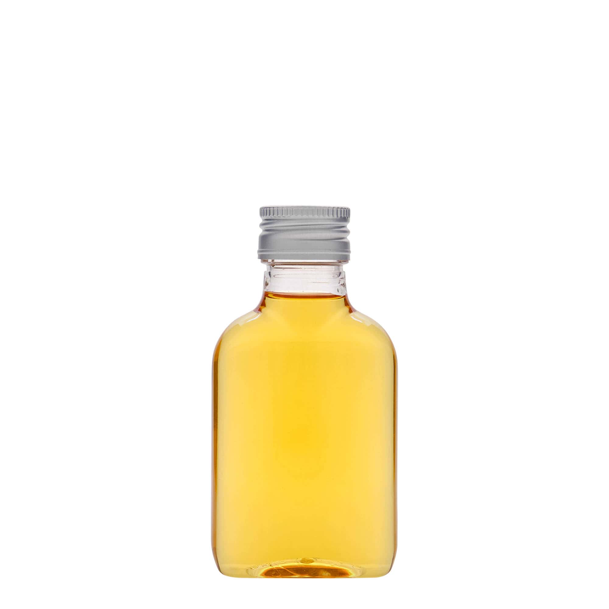 100 ml kišeninė buteliukė, ovali, PET plastikas, burna: PP 28
