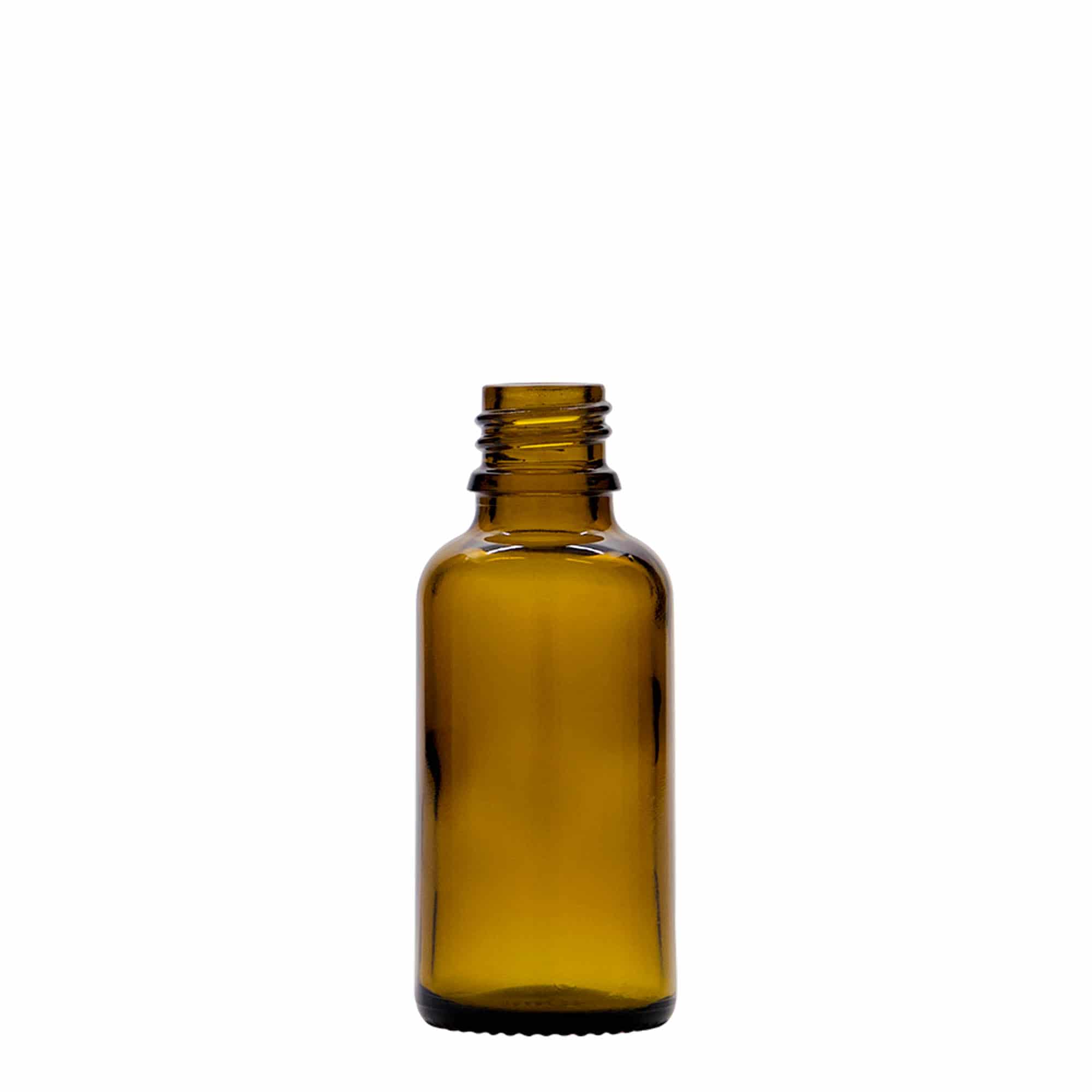 30 ml lašintuvo buteliukas, medicininis, stiklinis, rudas, burna: DIN 18