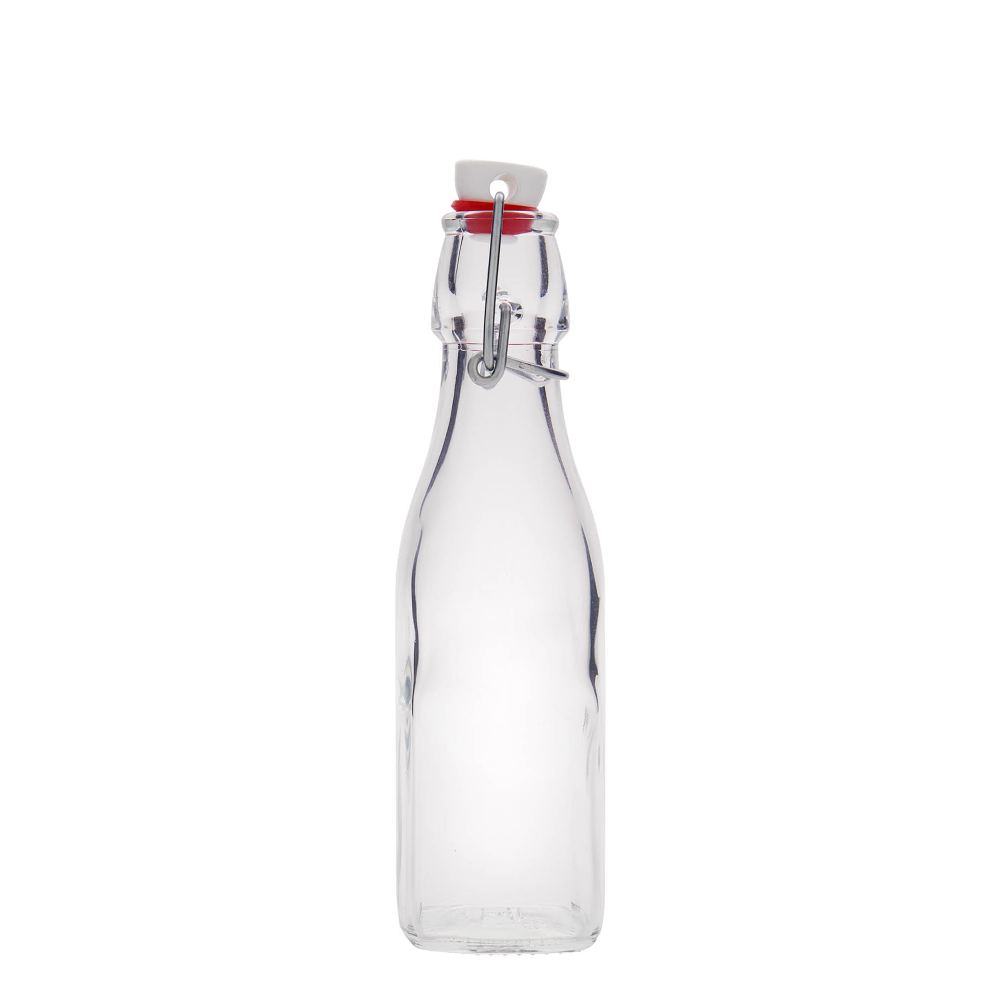 250 ml stiklinis butelis „Swing“, kvadratinis, anga: užsegamas užraktu 250 ml stiklinis butelis „Swing“, kvadratinis, anga: užsegamas užraktu