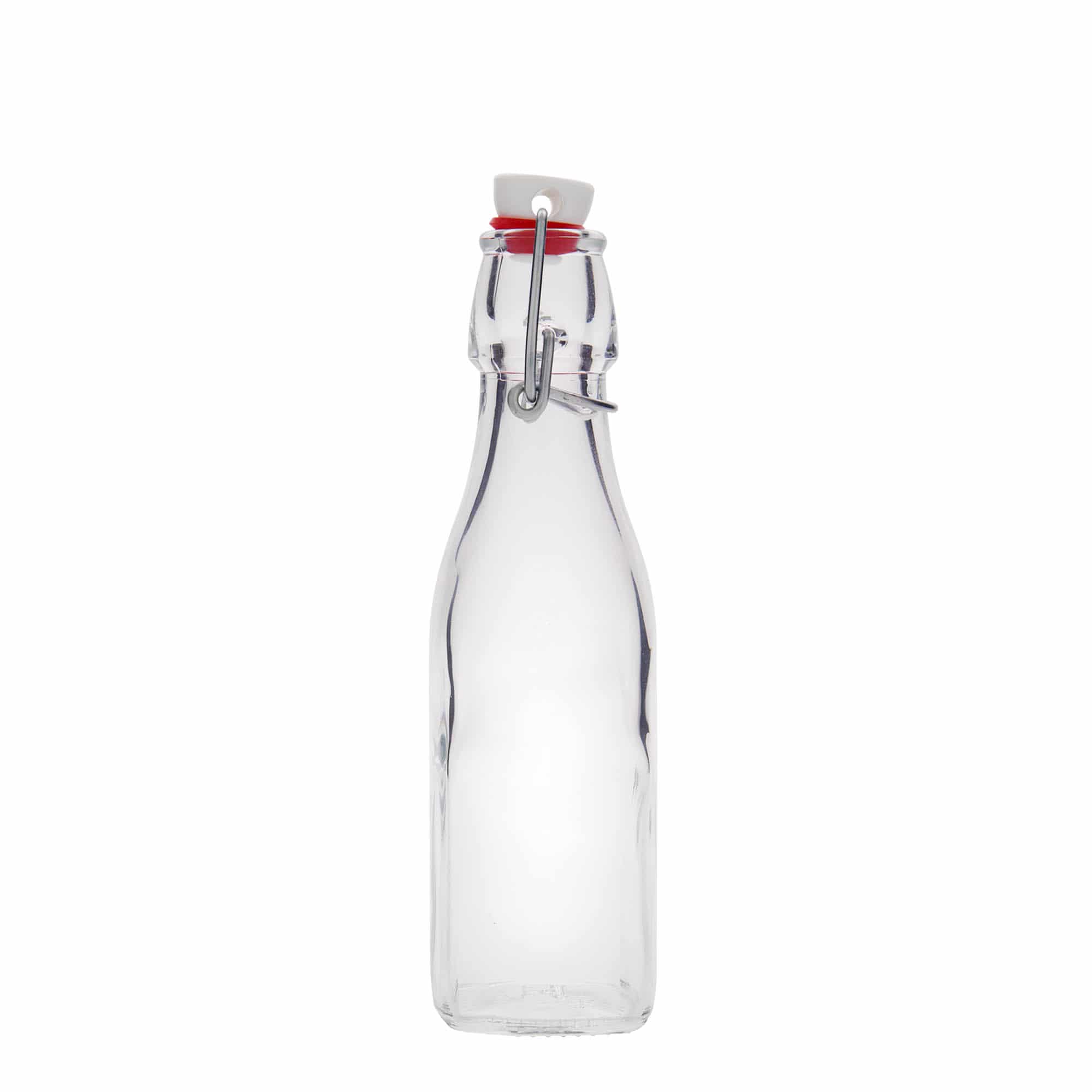 250 ml stiklinis butelis „Swing“, kvadratinis, anga: užsegamas užraktu