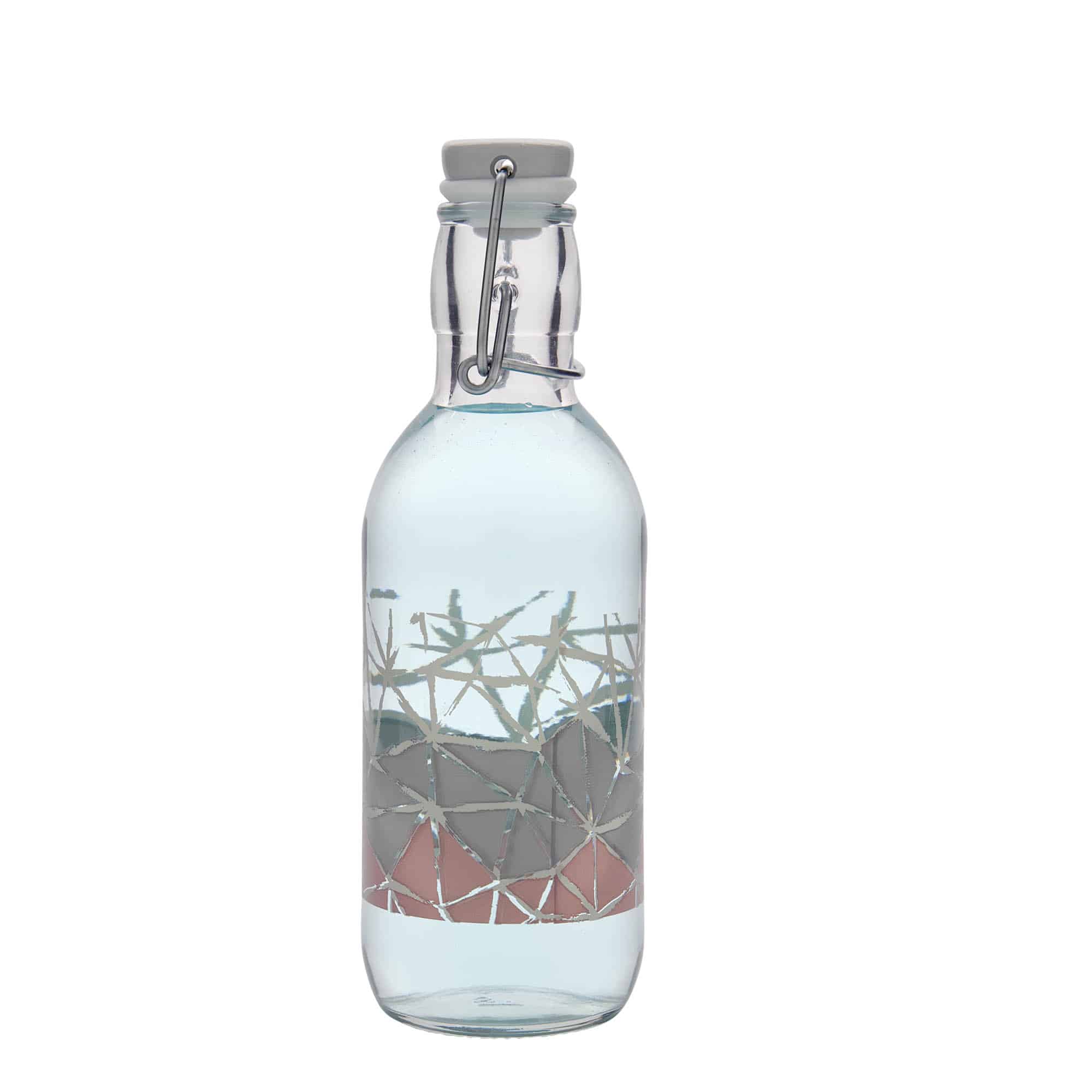500 ml stiklinis butelis Emilia su spauda „Manolibera rosa“, anga: spaustukas su užraktu