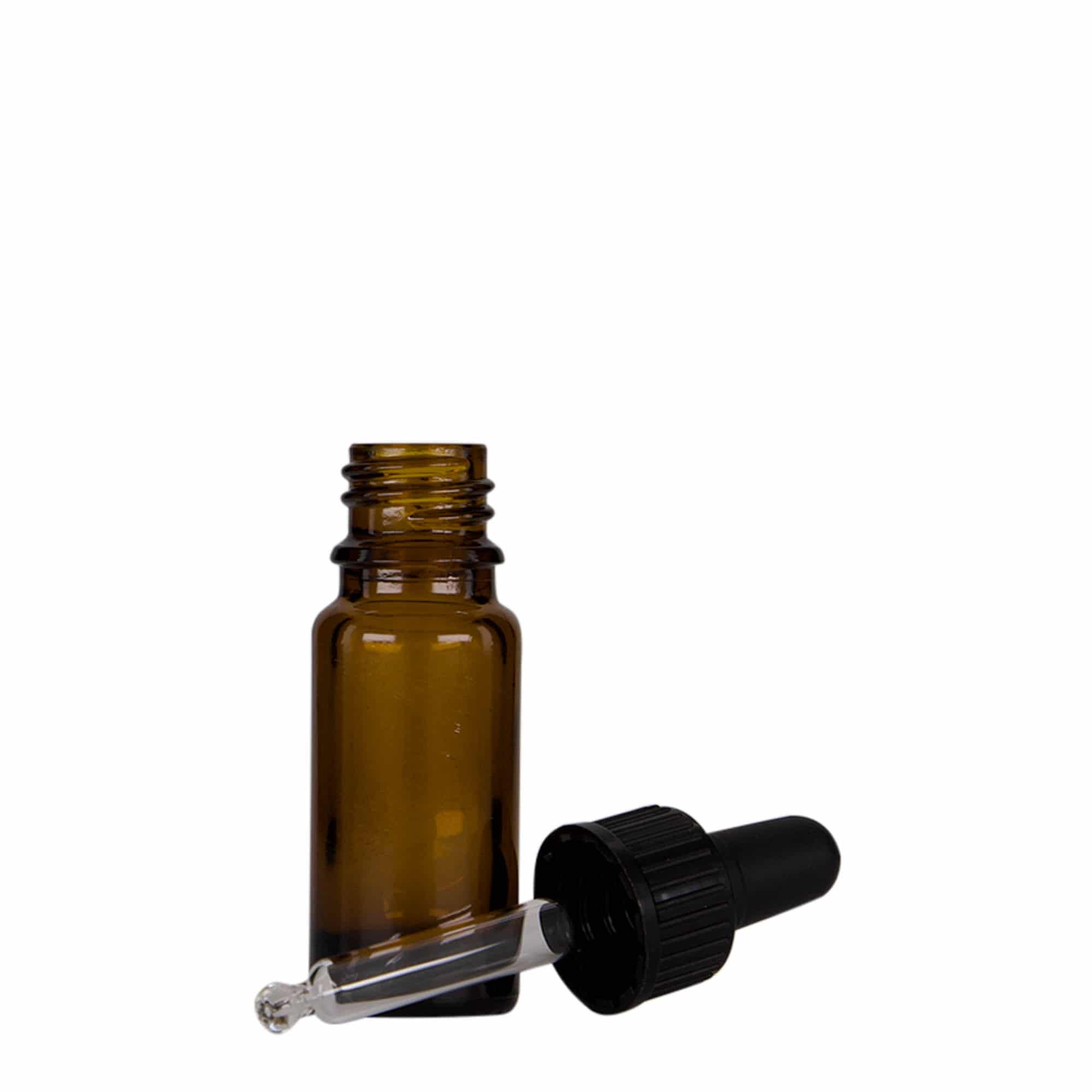 10 ml lašintuvo buteliukas, medicininis, stiklinis, rudo-juodas, anga: DIN 18