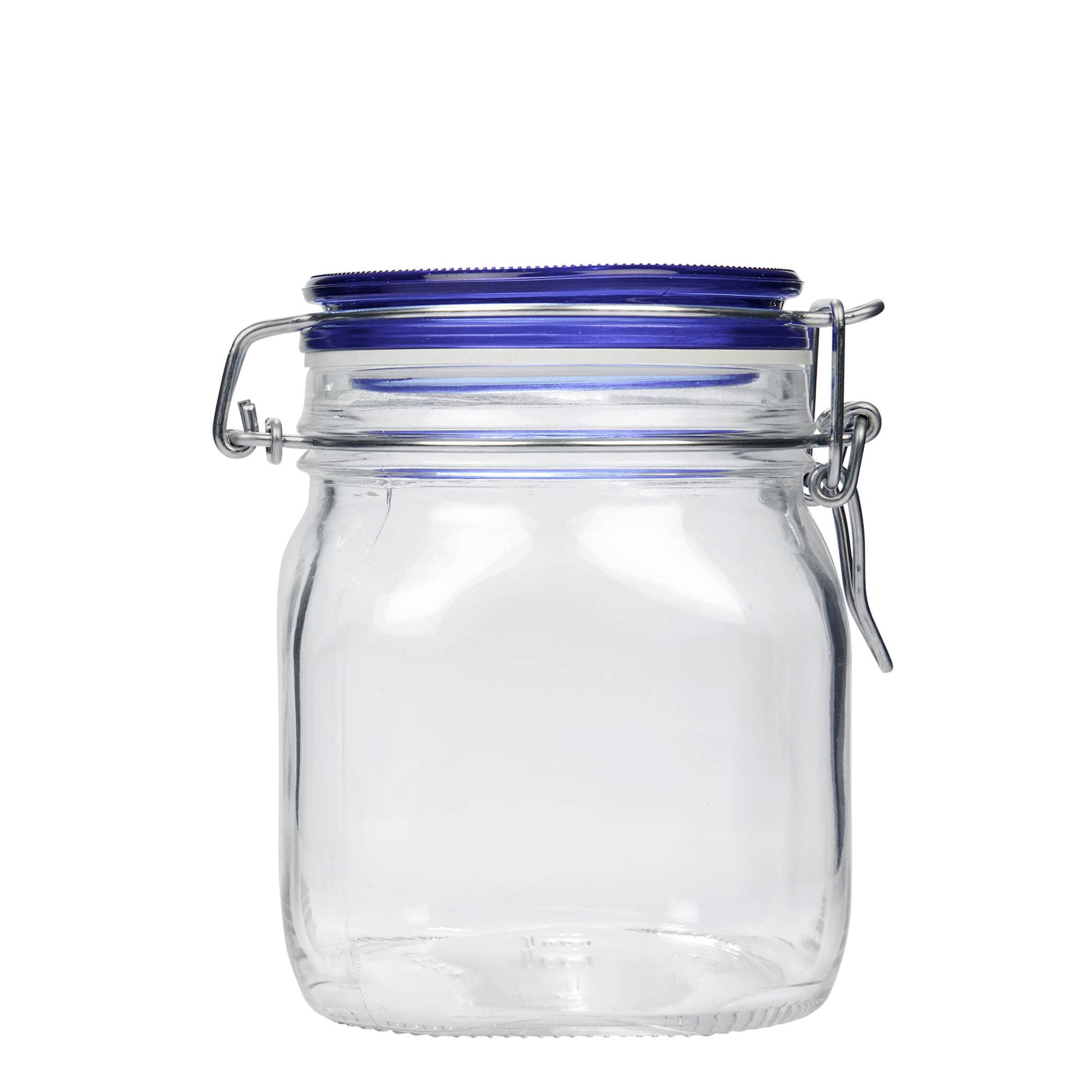 750 ml vielos užsegamas stiklainis „Fido“ mėlynu dangteliu, kvadratinis, anga: vielos užsegimas