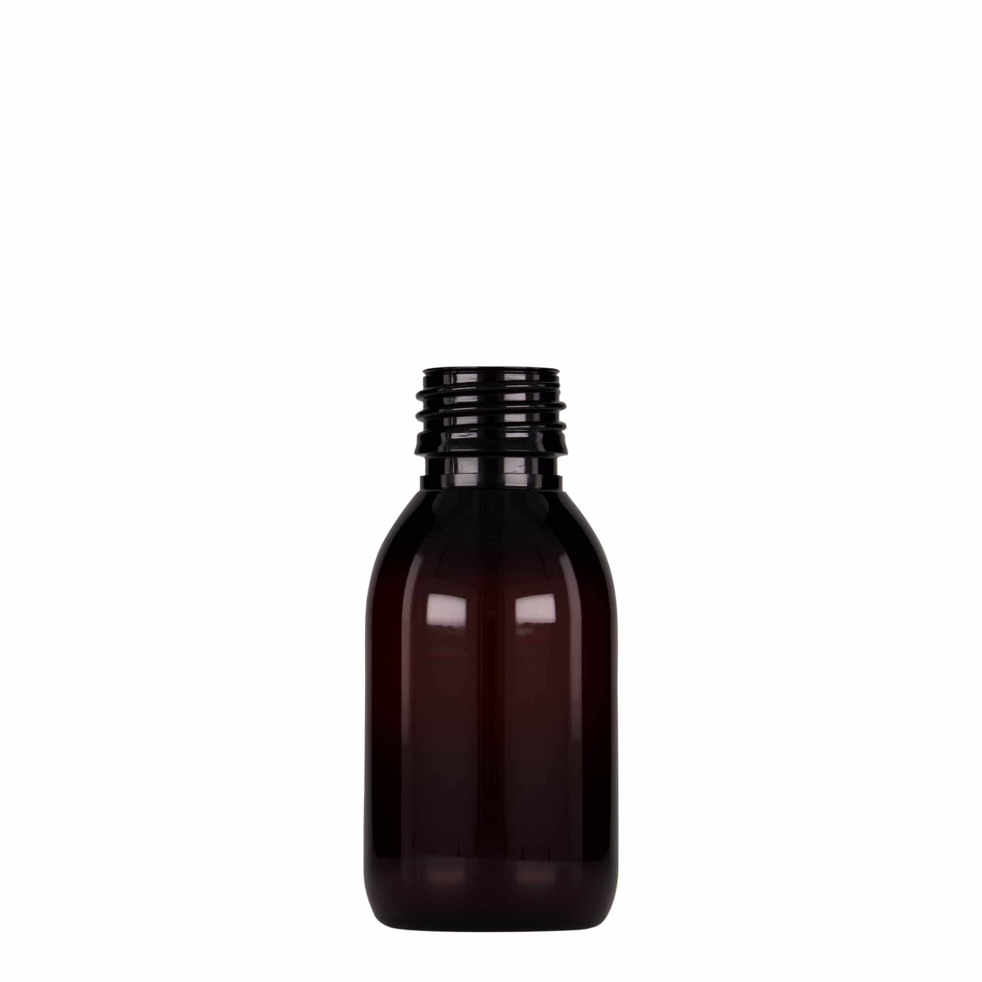100 ml PET medicininis buteliukas, rudas, plastikas, anga: PP 28