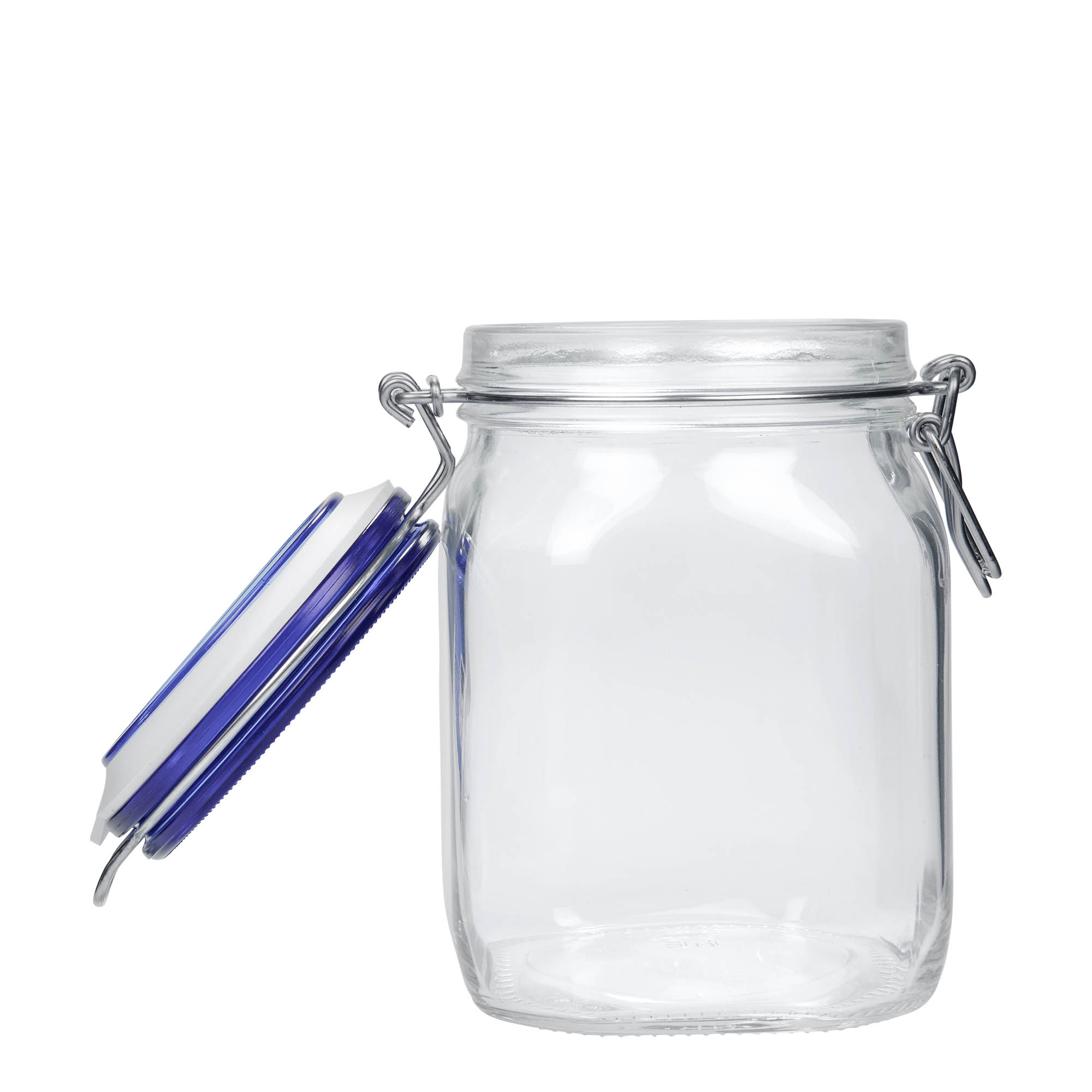 1.000 ml vielos užsegimo stiklainis „Fido“ su mėlynu dangteliu, keturkampis, atidarymas: vielos užsegimas 1.000 ml vielos užsegimo stiklainis „Fido“ su mėlynu dangteliu, keturkampis, atidarymas: vielos užsegimas