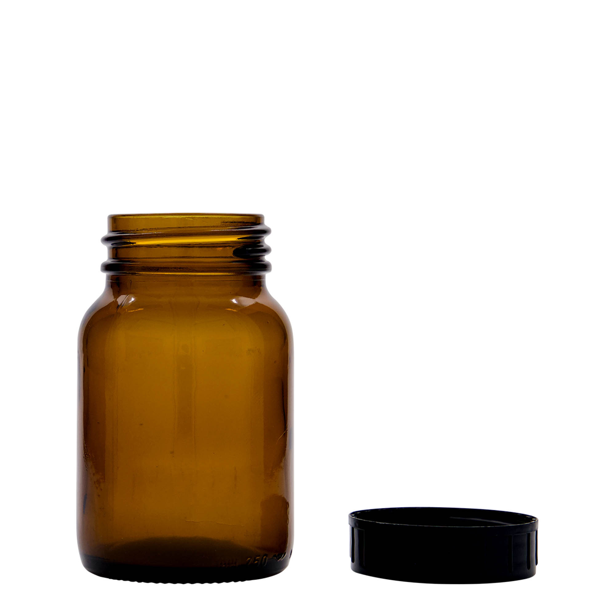 250 ml plačios kaklo stiklainis, rudas, anga: DIN 55