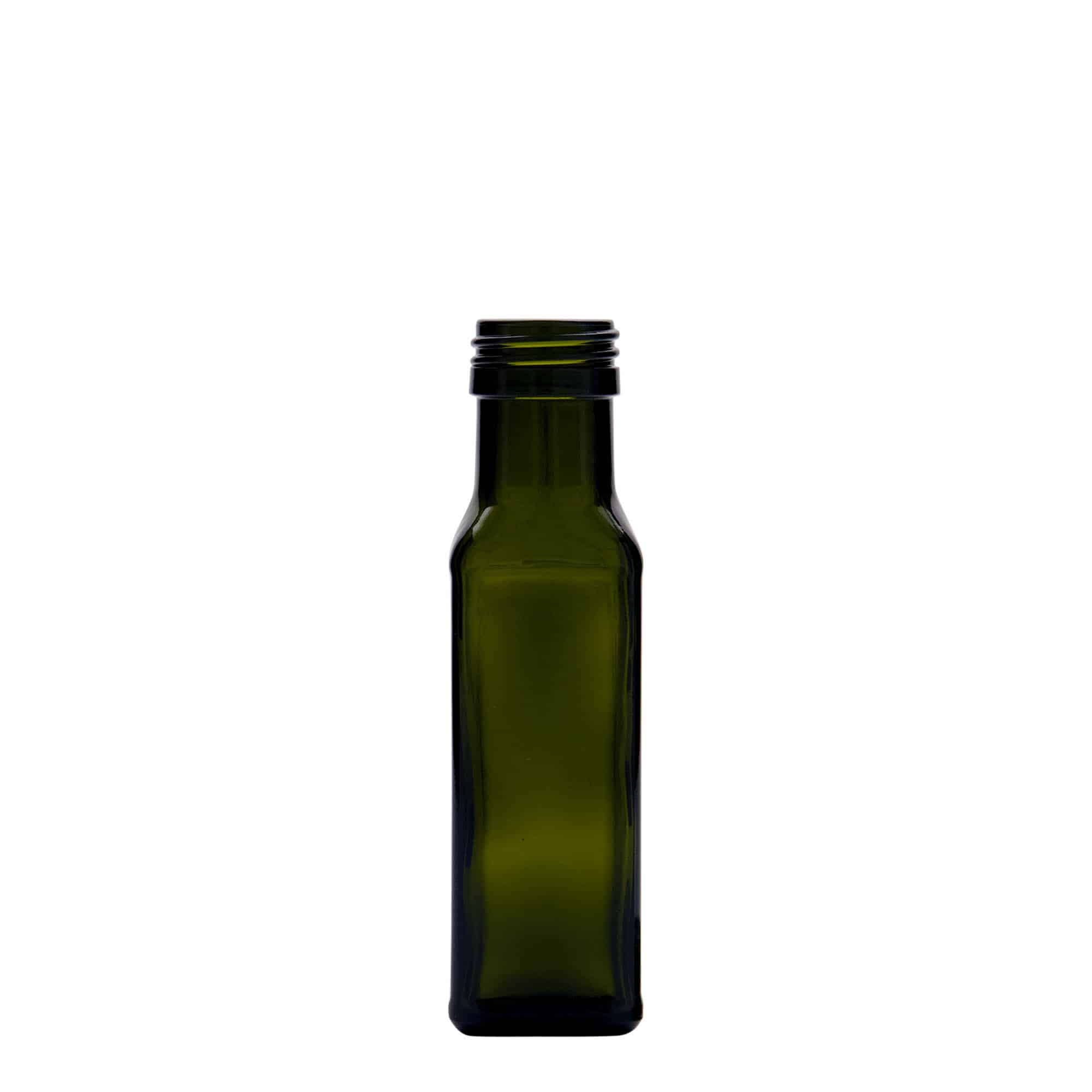 100 ml stiklinis butelis „Marasca“, kvadratinis, senovinės žalios spalvos, burnos anga: PP 31,5