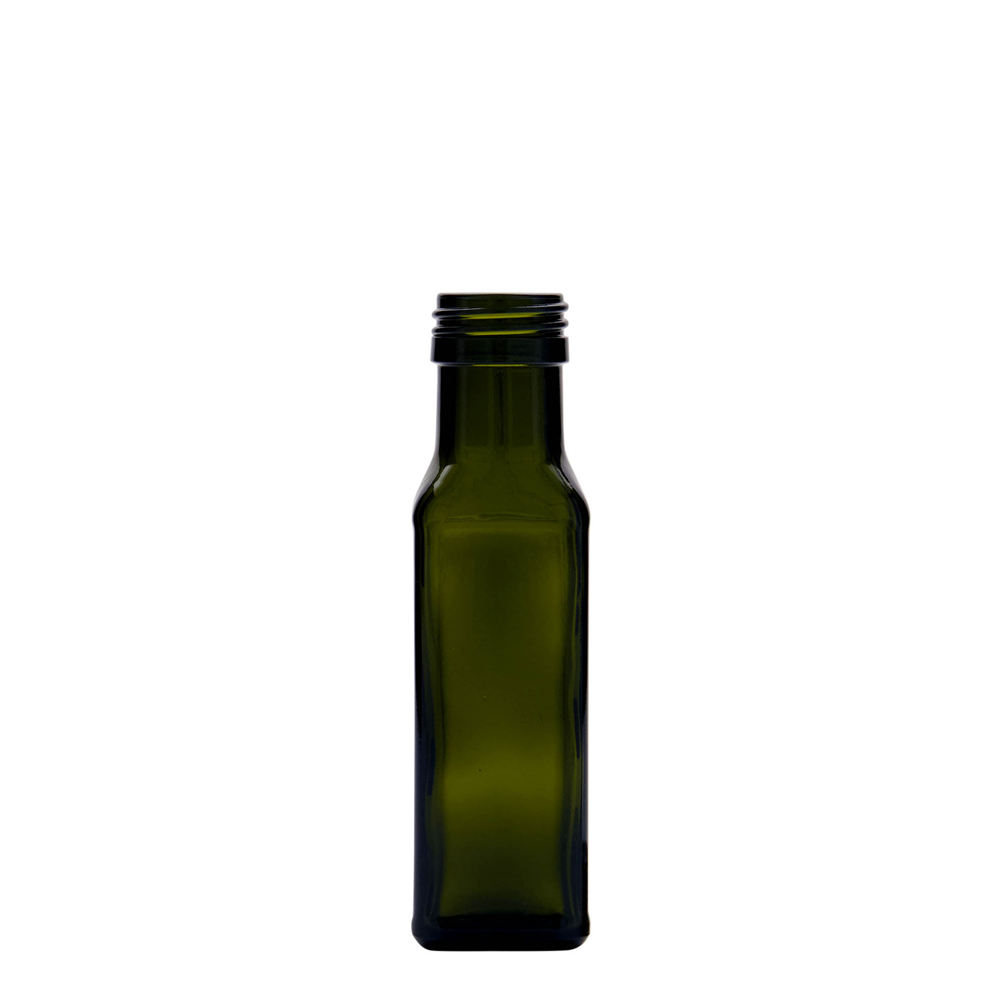 100 ml stiklinis butelis „Marasca“, kvadratinis, senovinės žalios spalvos, burnos anga: PP 31,5 100 ml stiklinis butelis „Marasca“, kvadratinis, senovinės žalios spalvos, burnos anga: PP 31,5