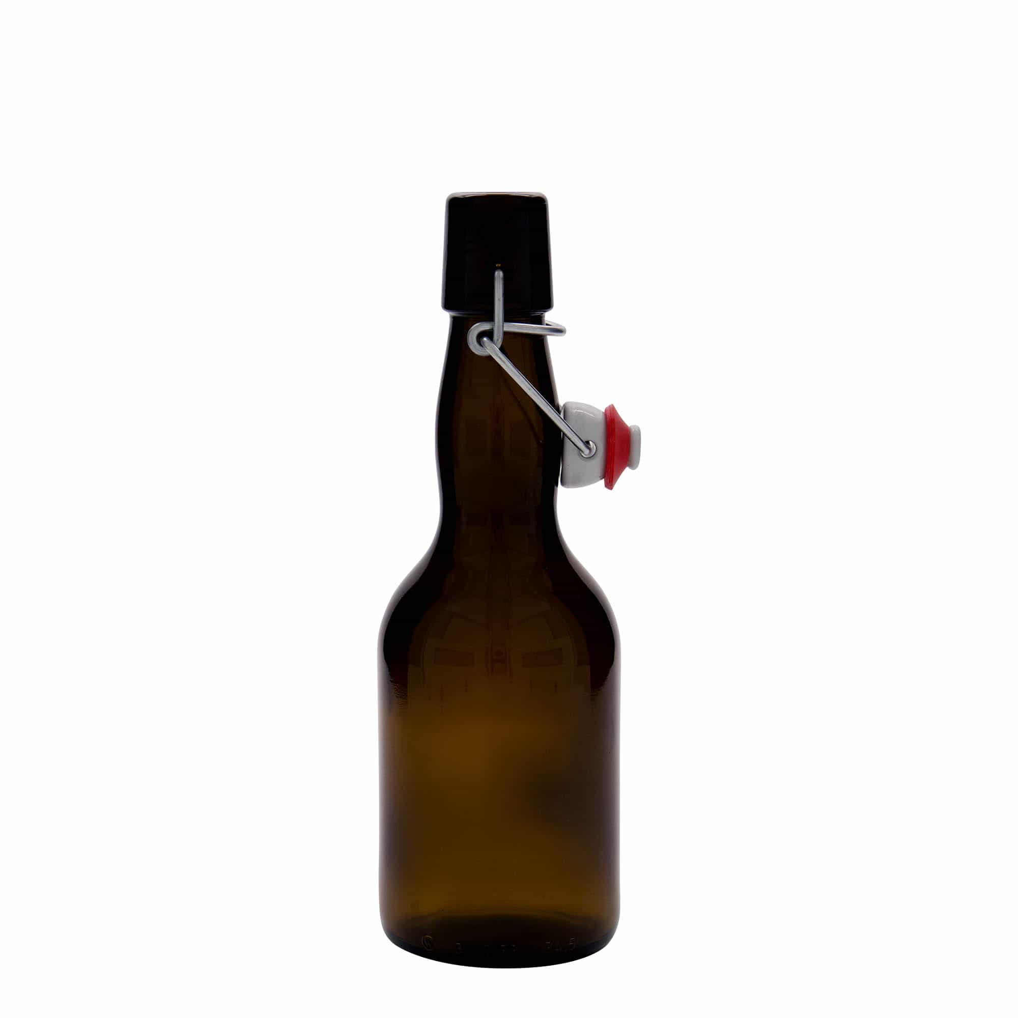 330 ml alaus butelis su kaklu, stiklas, rudas, anga: užsegamas užraktas