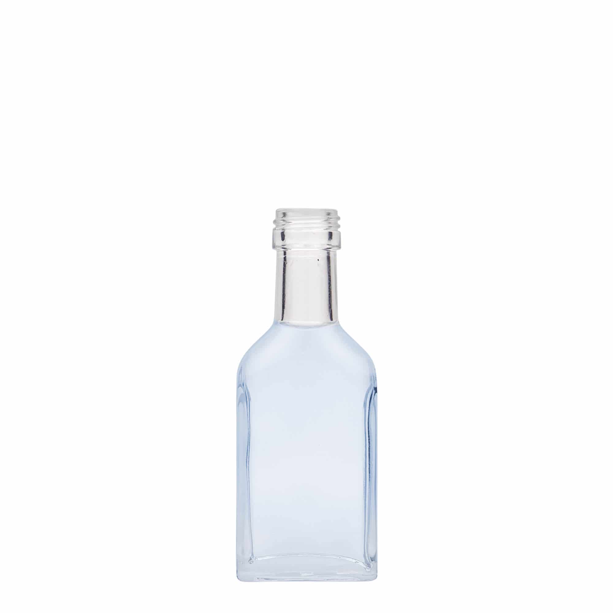 40 ml kišeninė buteliukė ilgai kakliukui, stačiakampė, stiklas, anga: PP 22