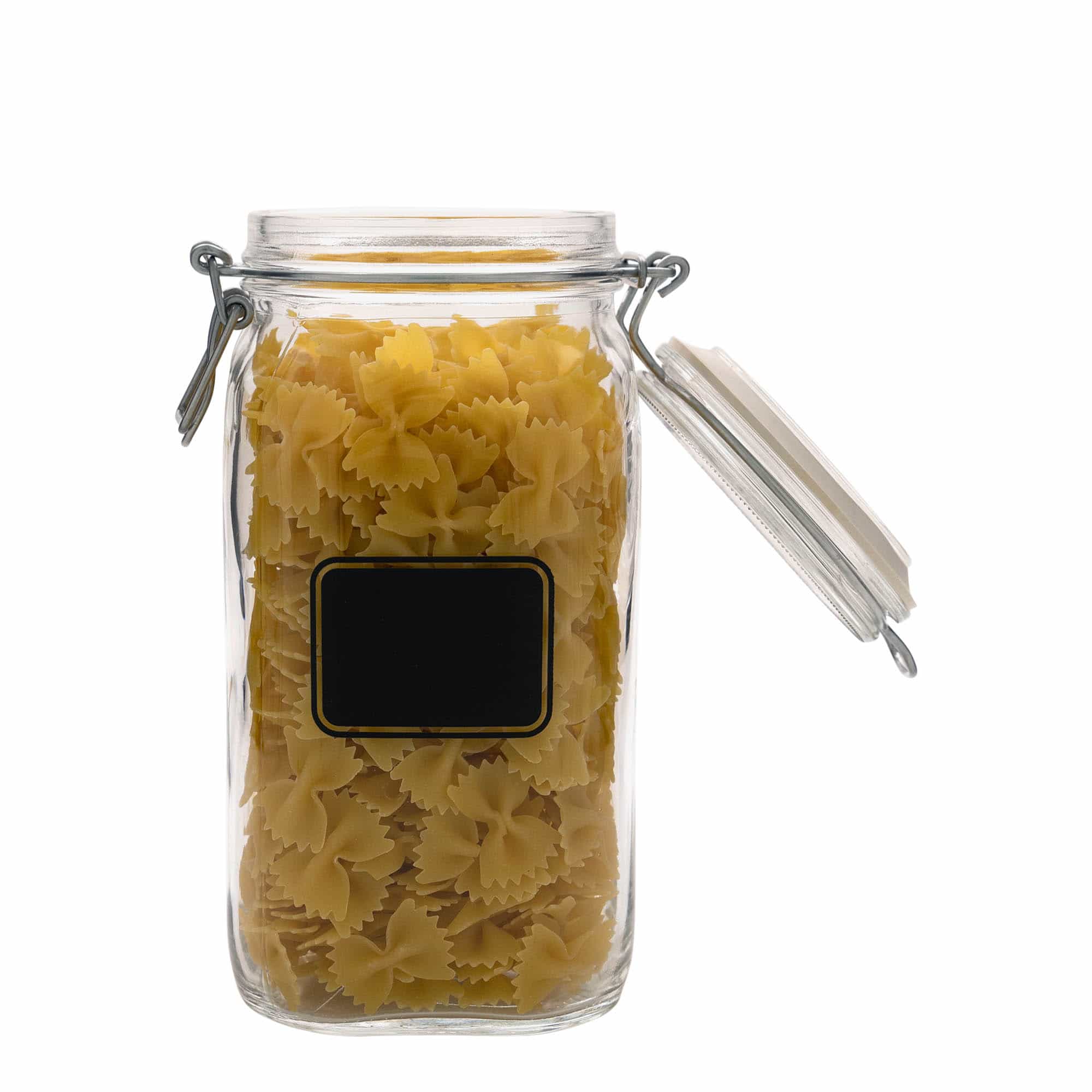 1.500 ml vielos užsegamas stiklainis „Fido“, motyvas: etikečių plotas, kvadratinis, anga: vielos užsegimas