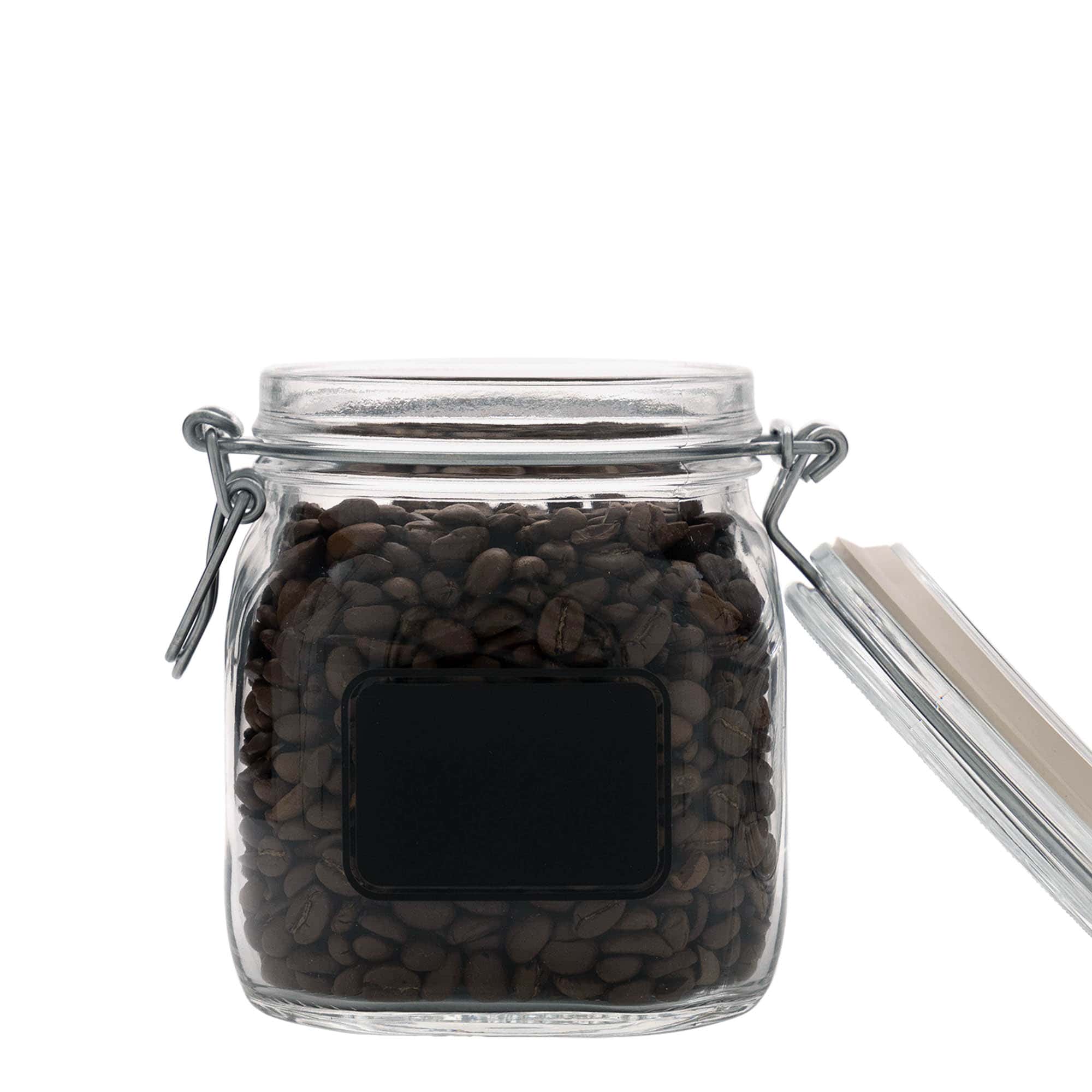750 ml vielos užsegamas stiklainis „Fido“, motyvas: etiketės laukas, kvadratinis, anga: vielos užsegimas