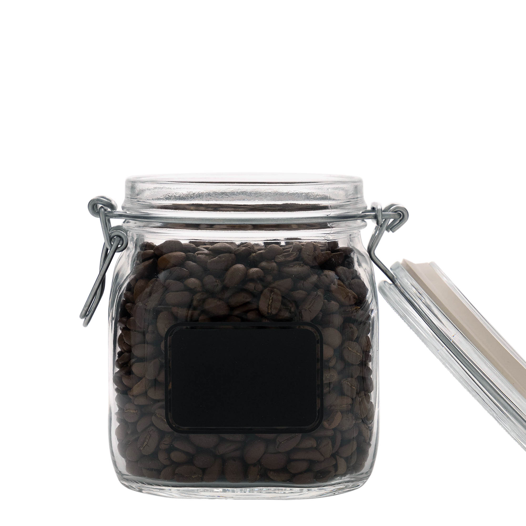750 ml vielos užsegamas stiklainis „Fido“, motyvas: etiketės laukas, kvadratinis, anga: vielos užsegimas 750 ml vielos užsegamas stiklainis „Fido“, motyvas: etiketės laukas, kvadratinis, anga: vielos užsegimas