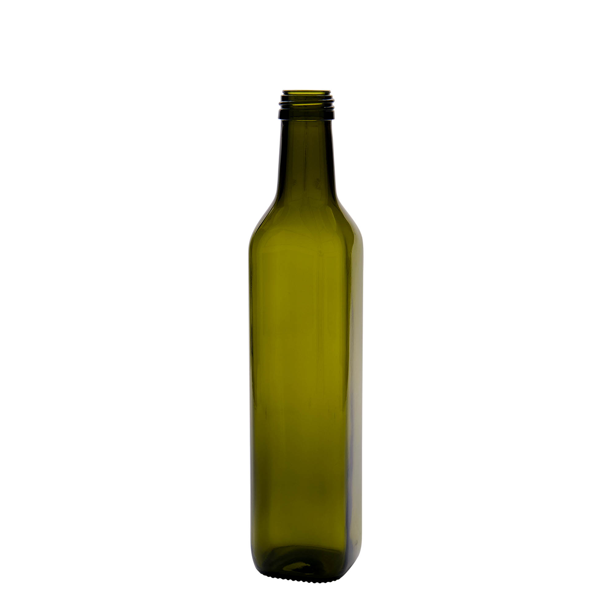 500 ml stiklinis butelis „Marasca“, kvadratinis, antikinės žalios spalvos, burna: PP 31,5