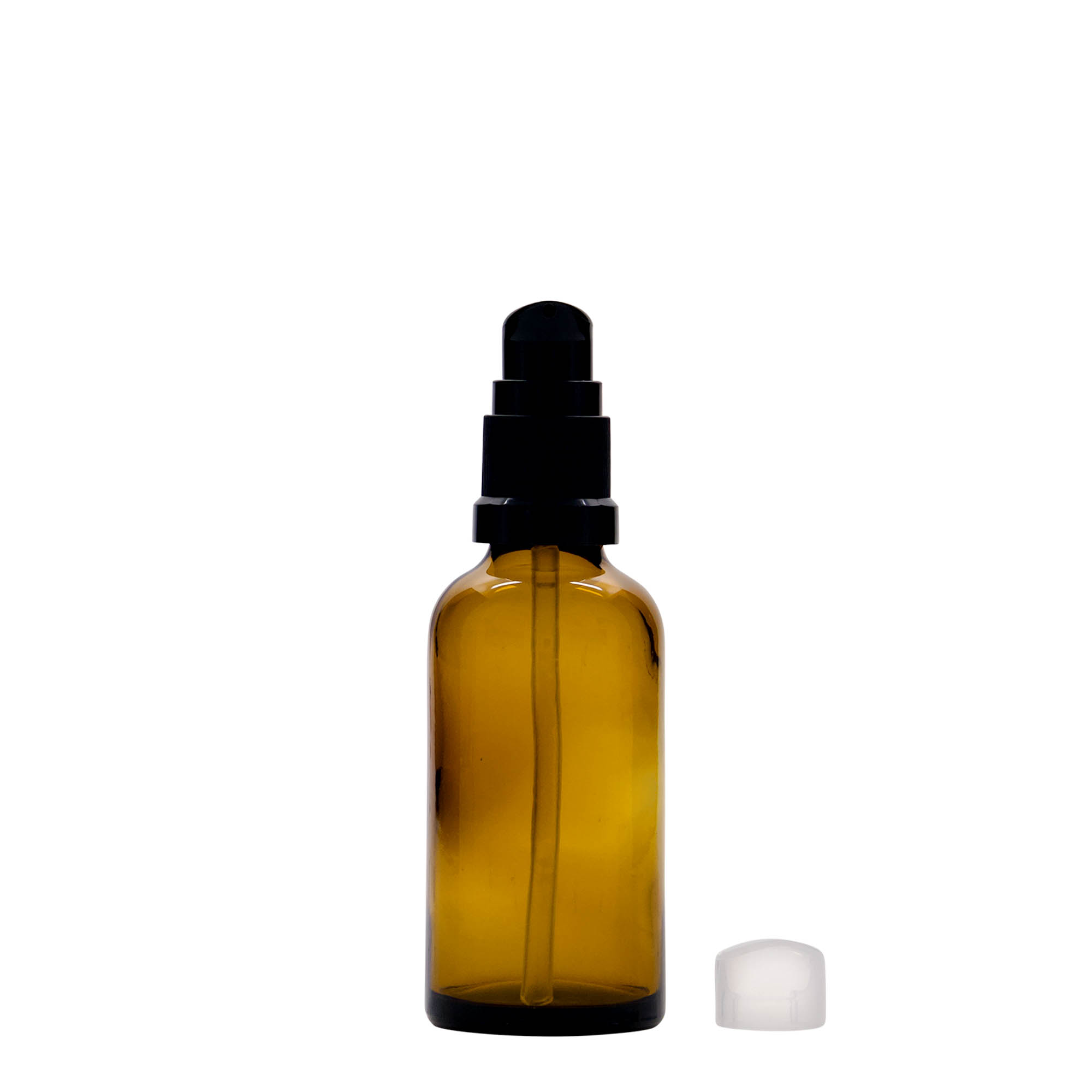 50 ml medicininis buteliukas su losjono siurbliu, stiklas, rudas, anga: DIN 18