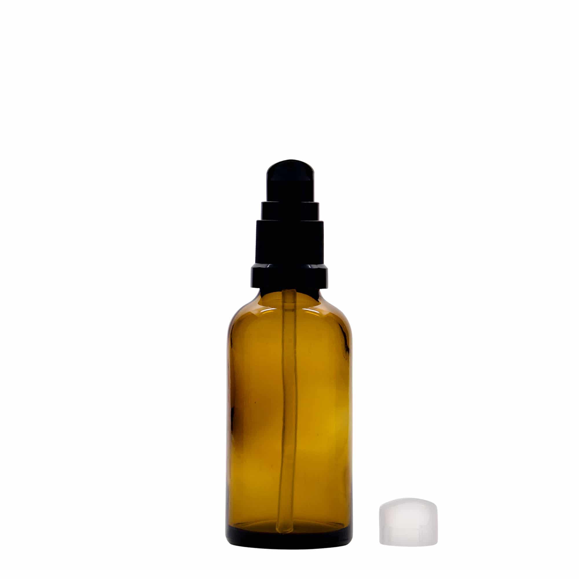50 ml medicininis buteliukas su losjono siurbliu, stiklas, rudas, anga: DIN 18