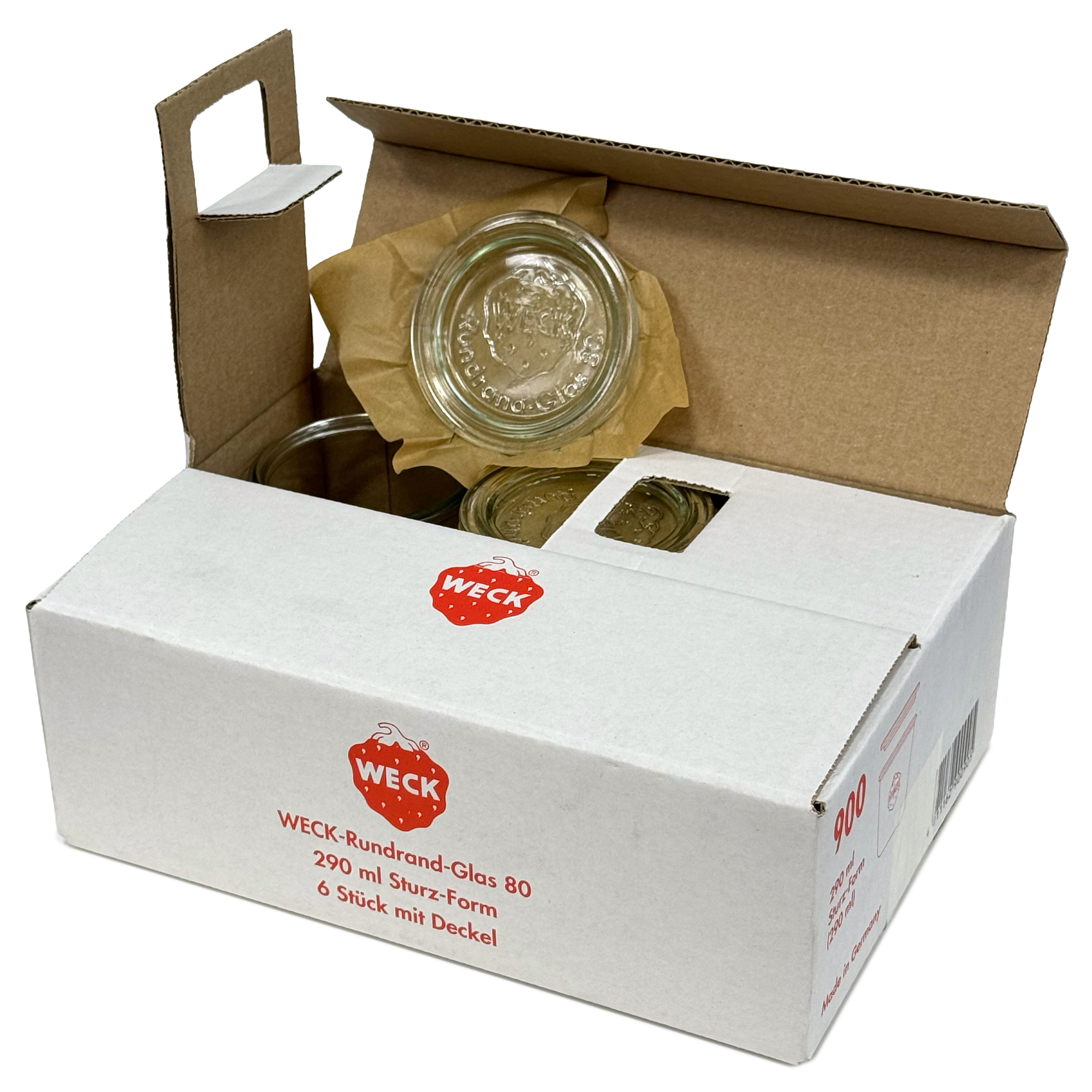 6x 290 ml aukštas WECK-stiklainis su plačiu burnu su stiklo dangteliu RR 80