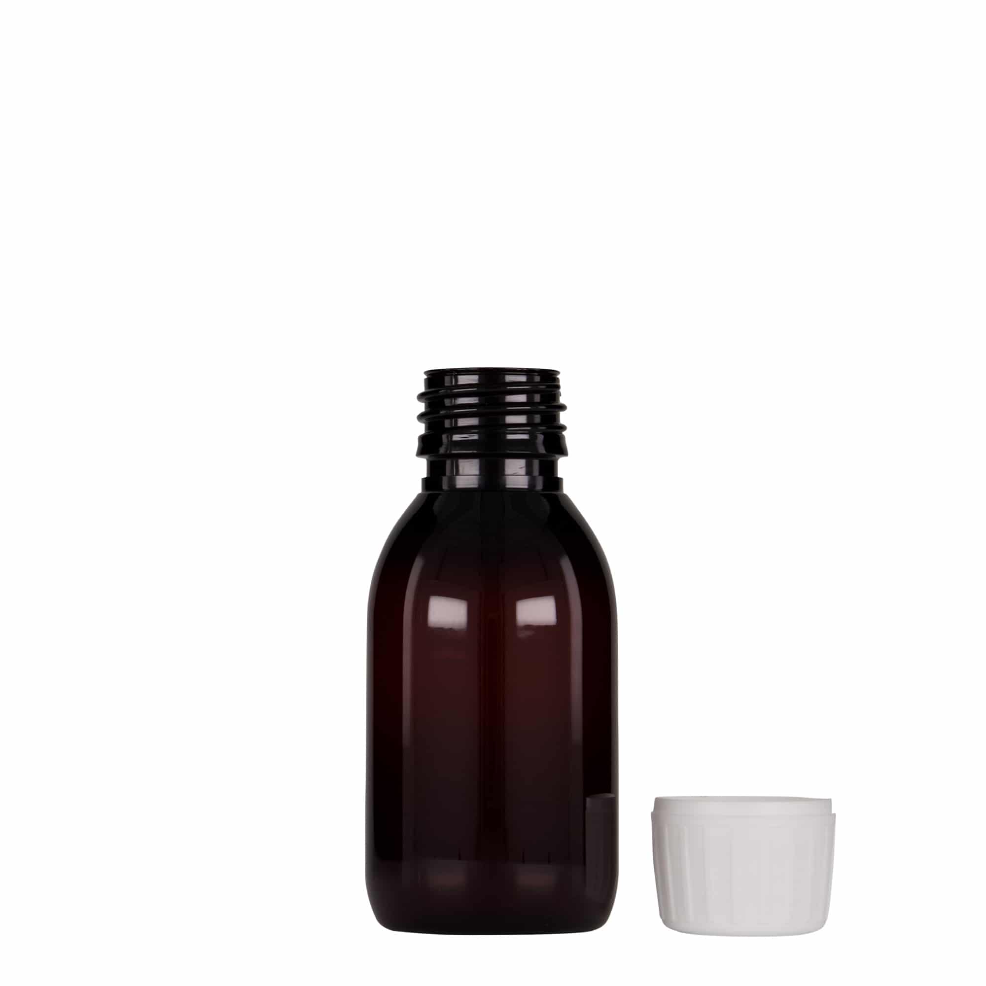 100 ml PET medicininis buteliukas, rudas, plastikas, anga: PP 28