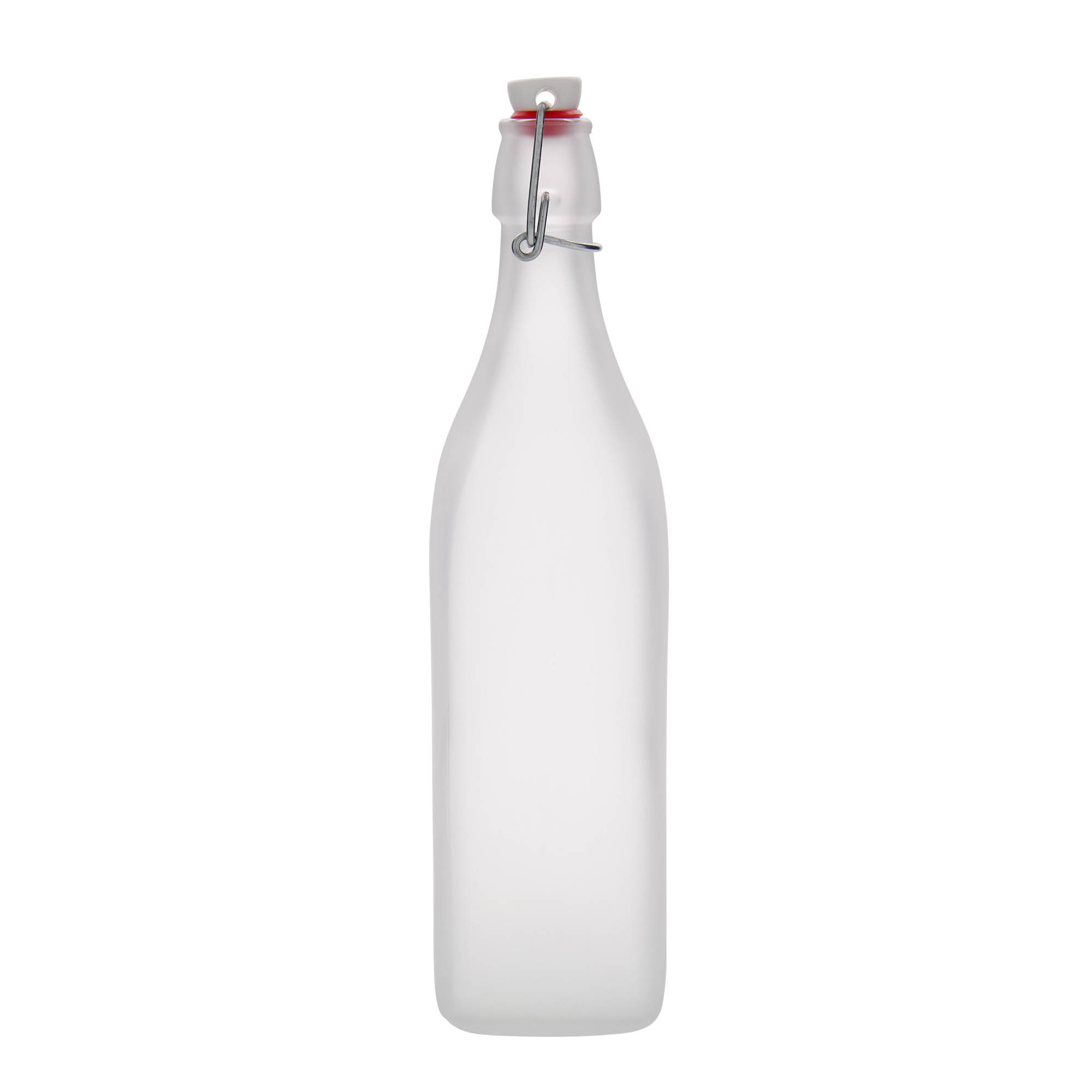 1.000 ml stiklinis butelis „Swing“, kvadratinis, matinė, kaklelis: užsegimas su lankeliu 1.000 ml stiklinis butelis „Swing“, kvadratinis, matinė, kaklelis: užsegimas su lankeliu