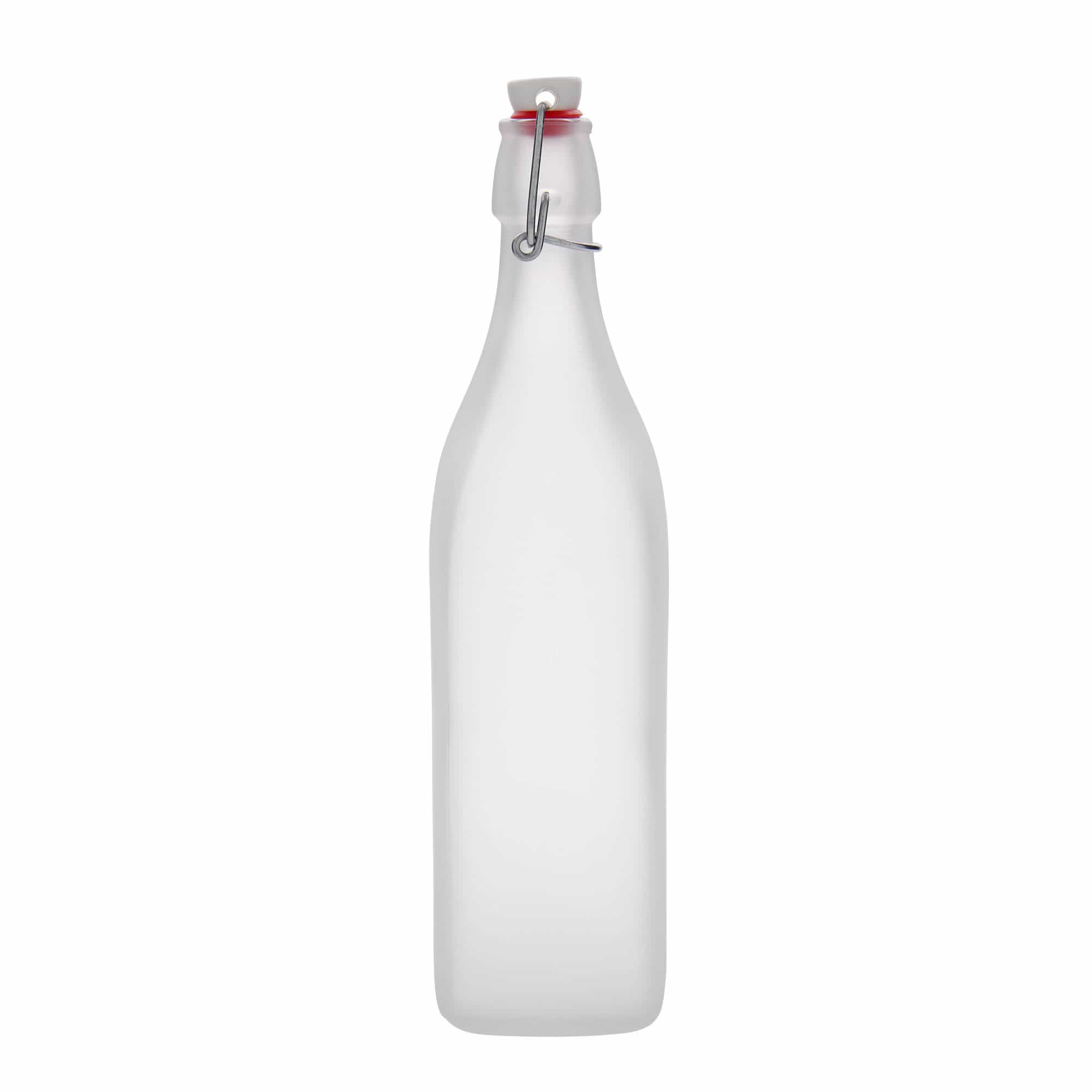 1.000 ml stiklinis butelis „Swing“, kvadratinis, matinė, kaklelis: užsegimas su lankeliu
