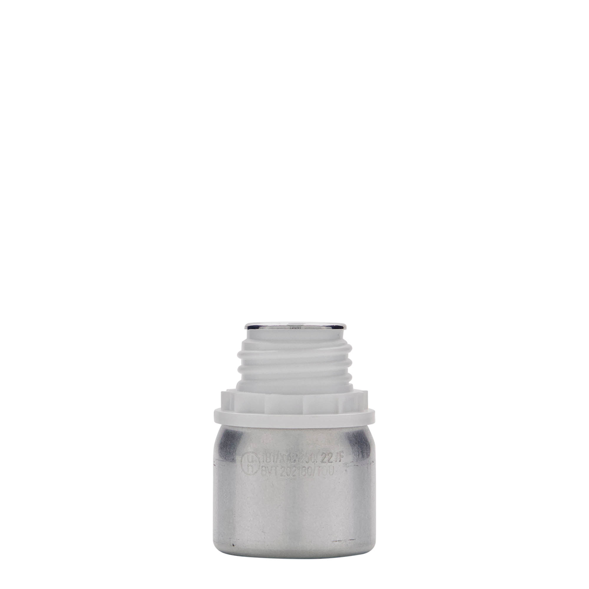 50 ml aliuminio buteliukas, metalas, sidabrinės spalvos, anga: DIN 32