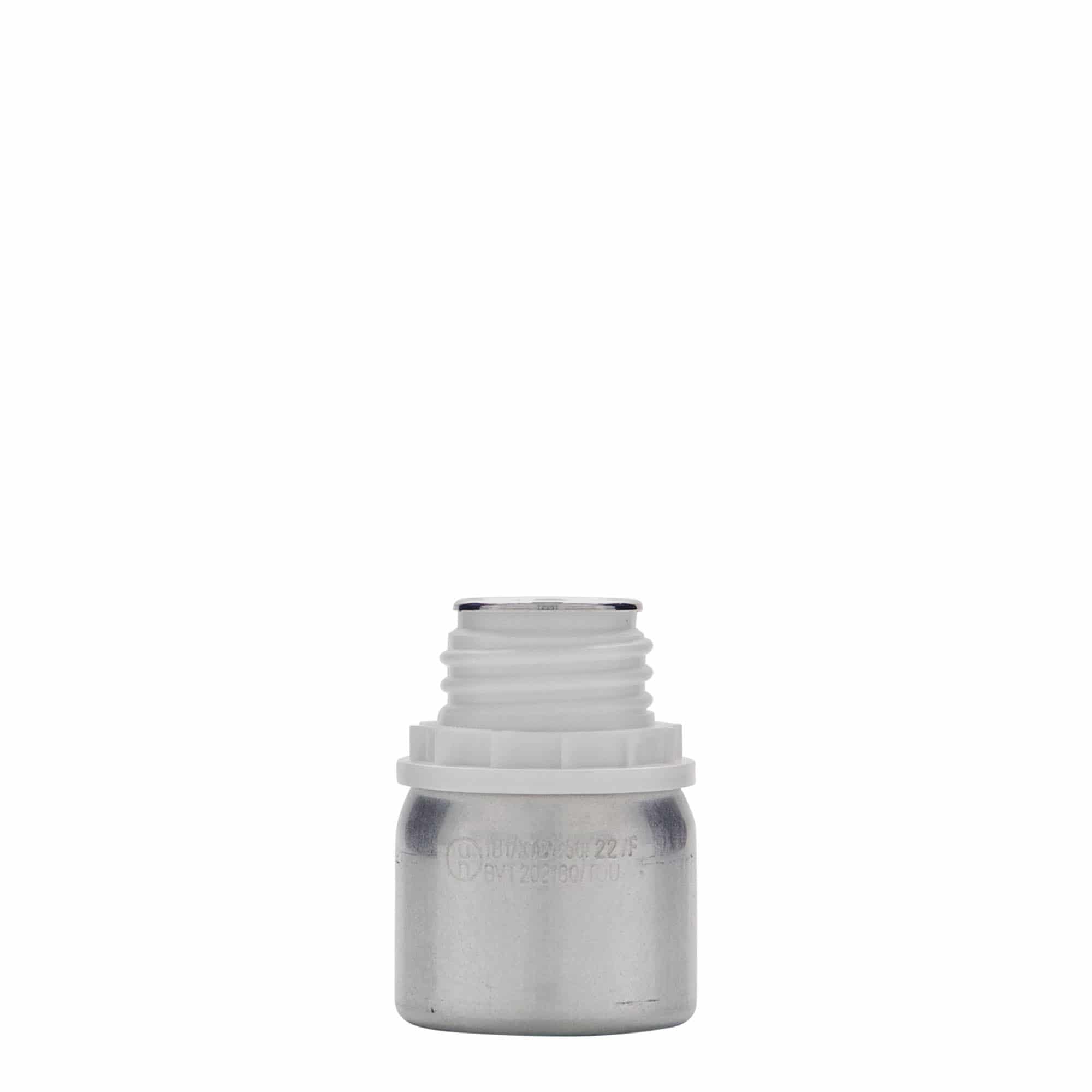 50 ml aliuminio buteliukas, metalas, sidabrinės spalvos, anga: DIN 32