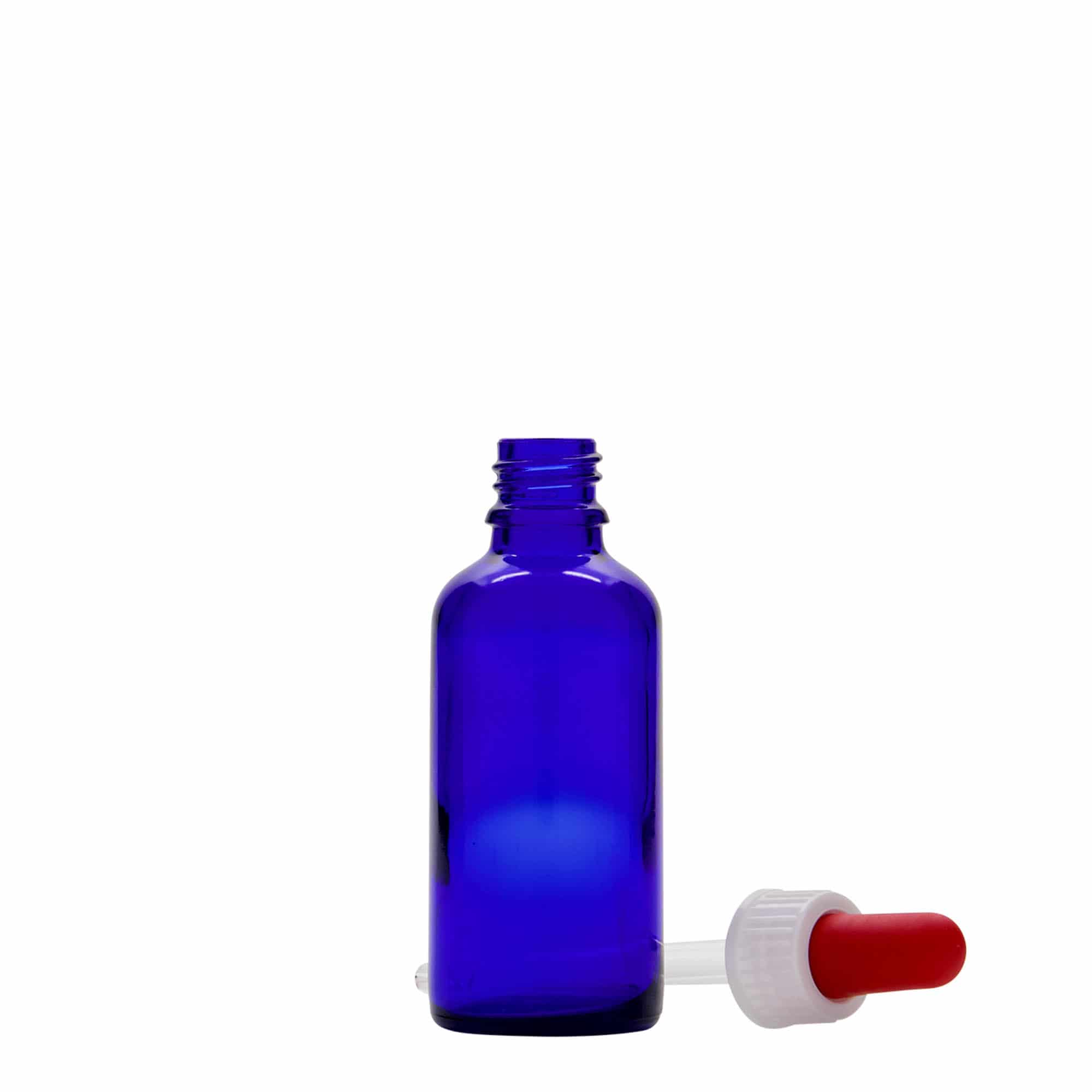 50 ml lašintuvo buteliukas, medicininis, stiklinis, karališkos mėlynos-raudonos spalvos, anga: DIN 18