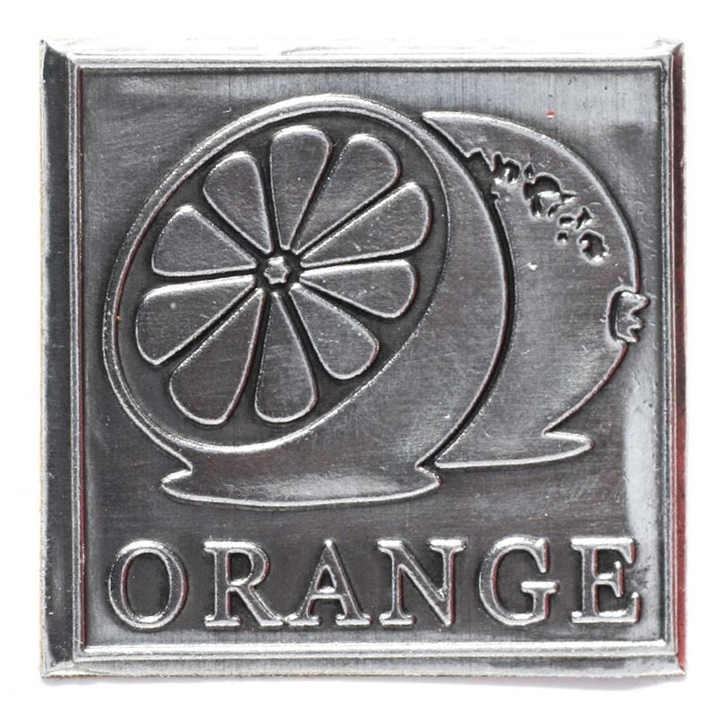 Švino etiketė „Oranžinė“, kvadratinė, metalinė, sidabrinė