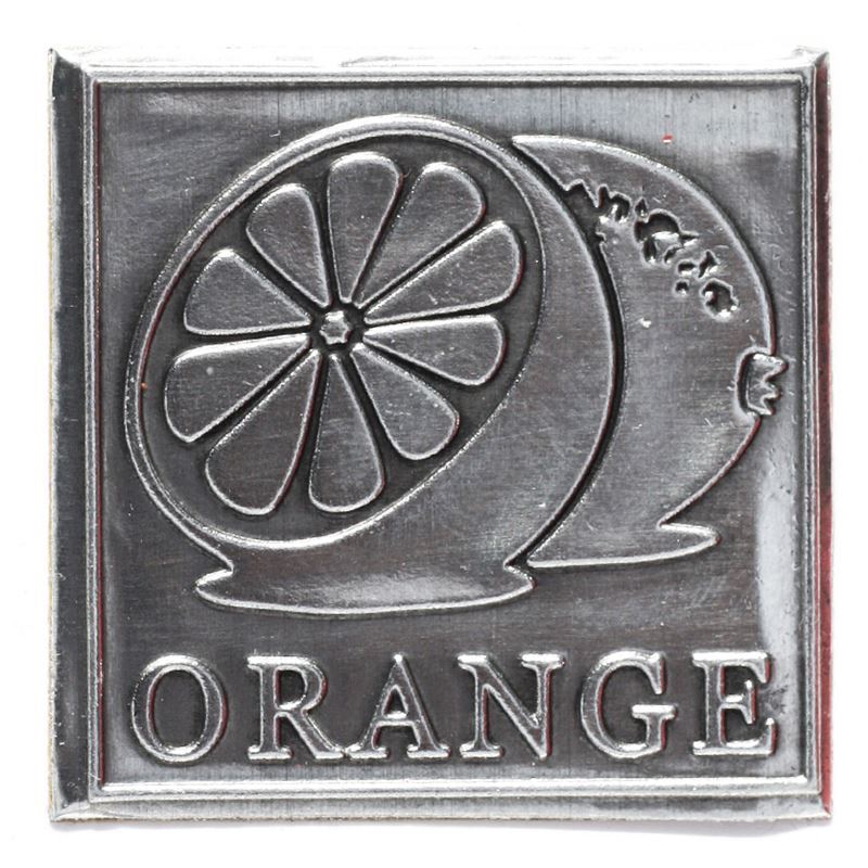 Švino etiketė „Oranžinė“, kvadratinė, metalinė, sidabrinė Švino etiketė „Oranžinė“, kvadratinė, metalinė, sidabrinė
