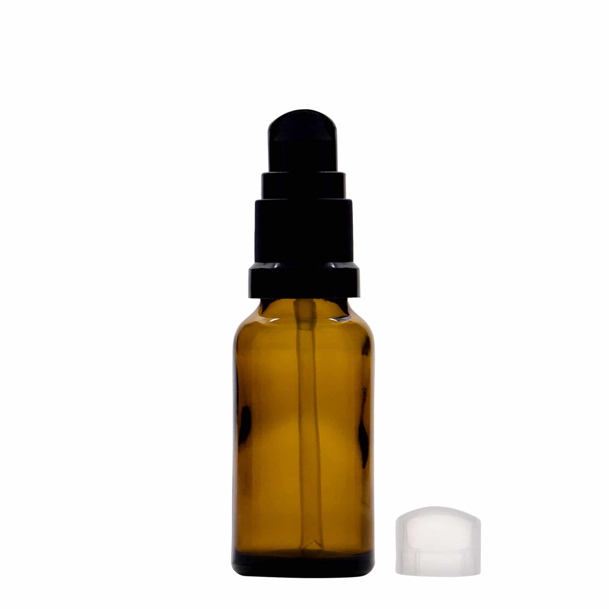 20 ml medicininis buteliukas su losjono pompa, stiklas, rudas, anga: DIN 18