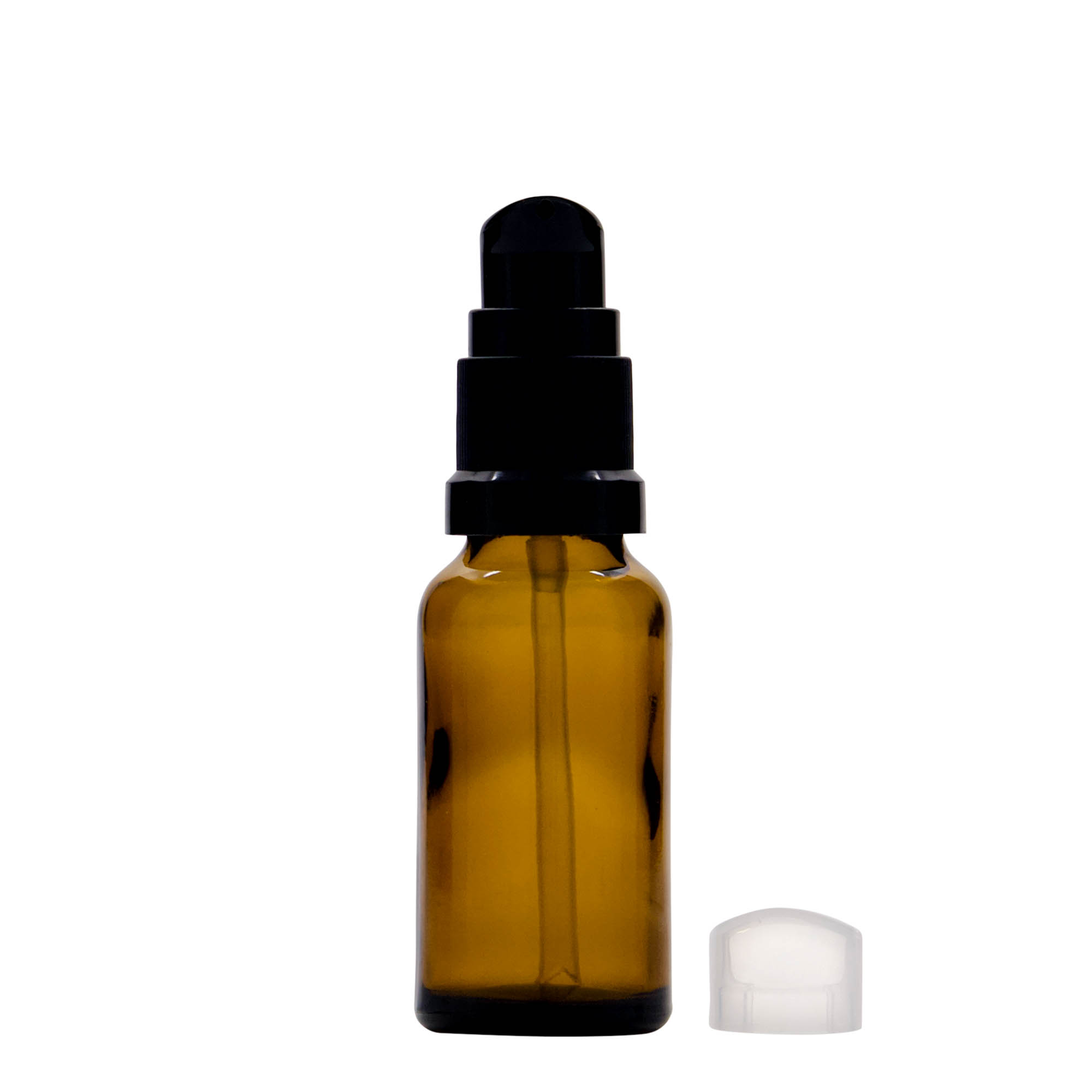 20 ml medicininis buteliukas su losjono pompa, stiklas, rudas, anga: DIN 18 20 ml medicininis buteliukas su losjono pompa, stiklas, rudas, anga: DIN 18