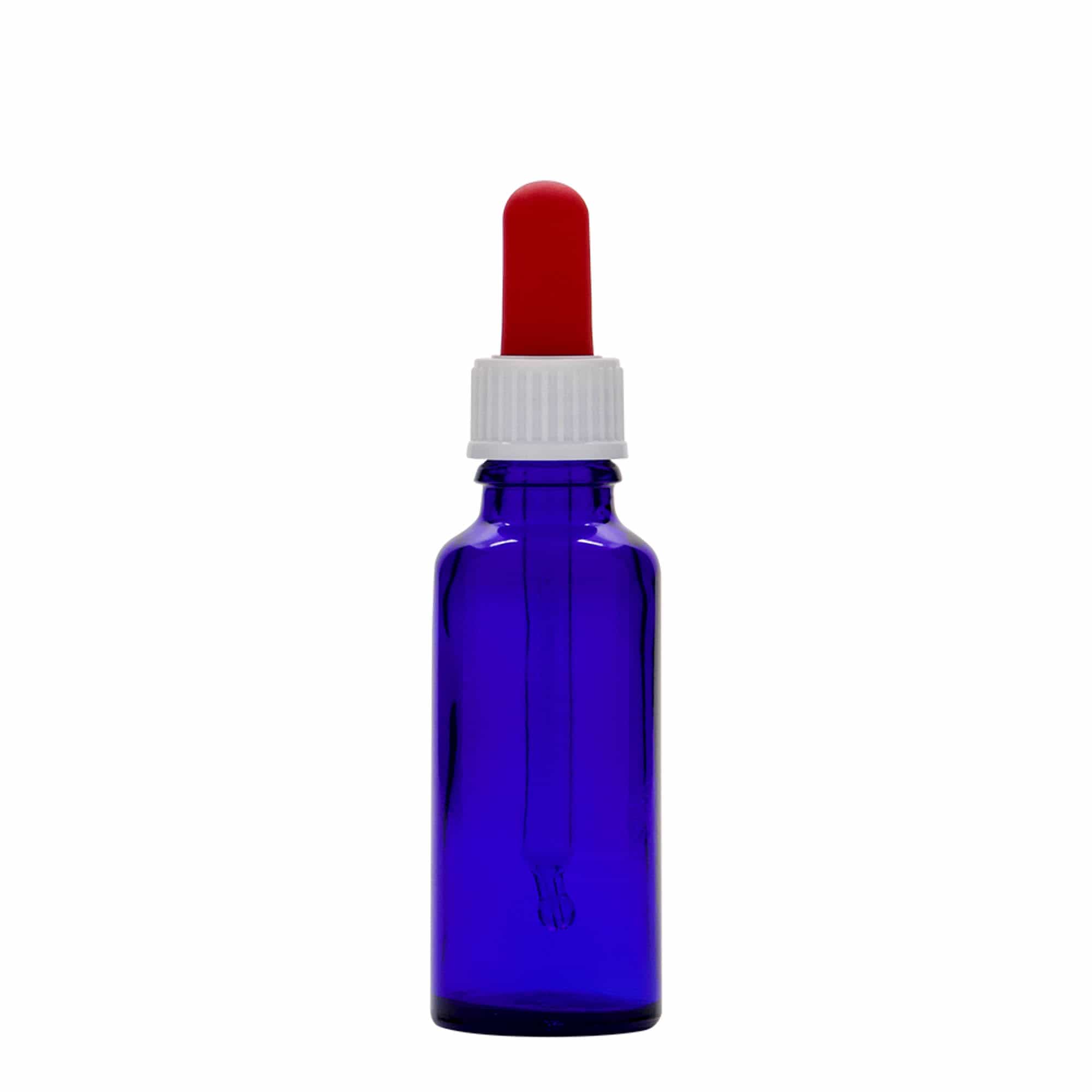 30 ml pipetės buteliukas, medis, stiklas, karališkai mėlyna-raudona, anga: DIN 18