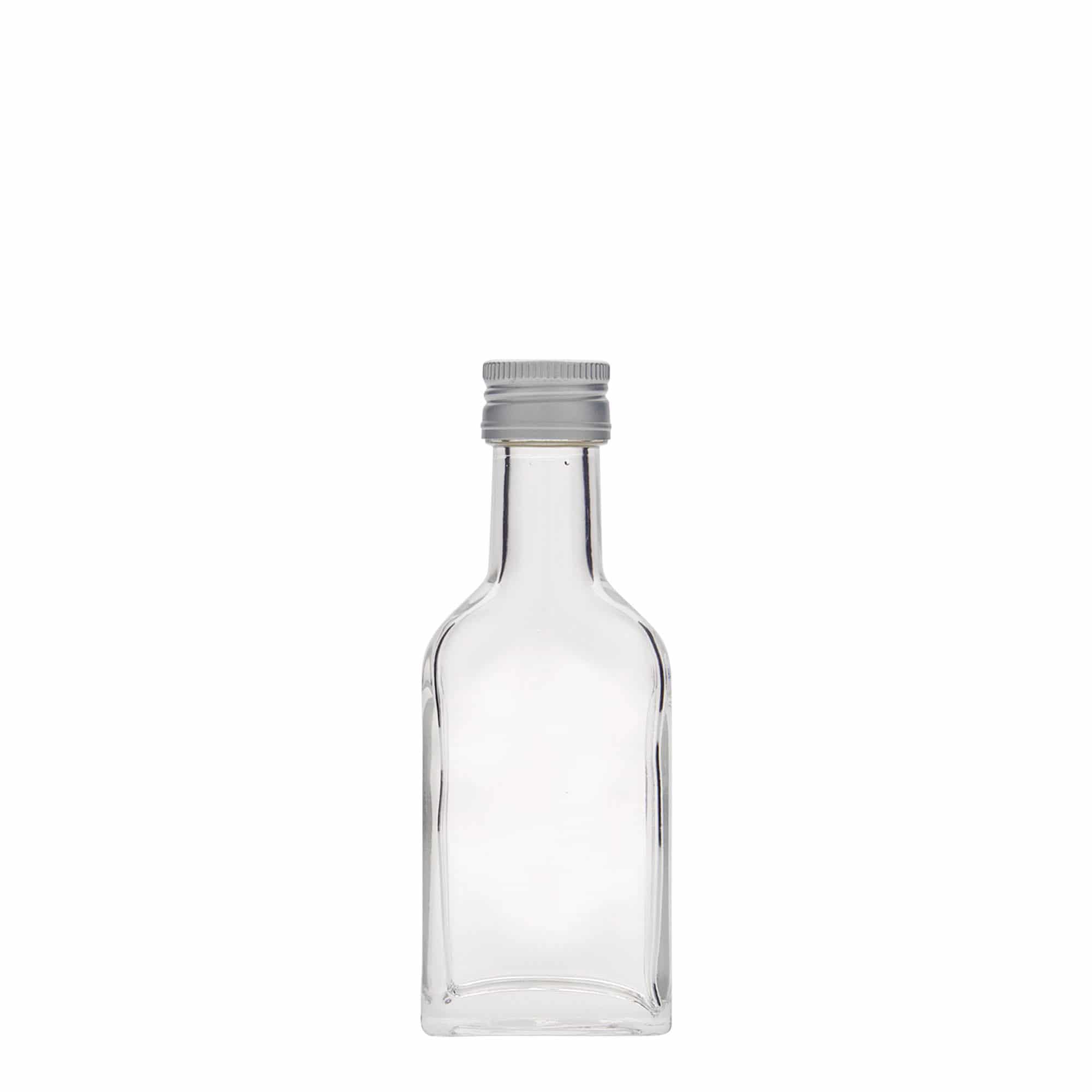 40 ml kišeninė buteliukė ilgai kakliukui, stačiakampė, stiklas, anga: PP 22