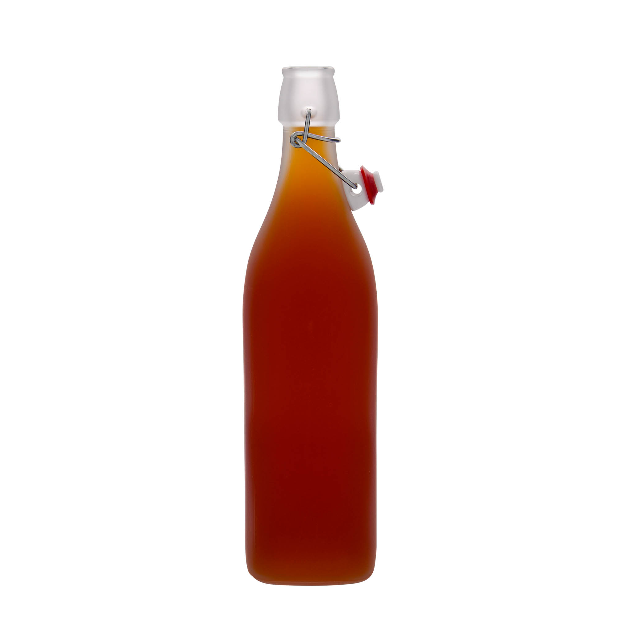 1.000 ml stiklinis butelis „Swing“, kvadratinis, matinė, kaklelis: užsegimas su lankeliu