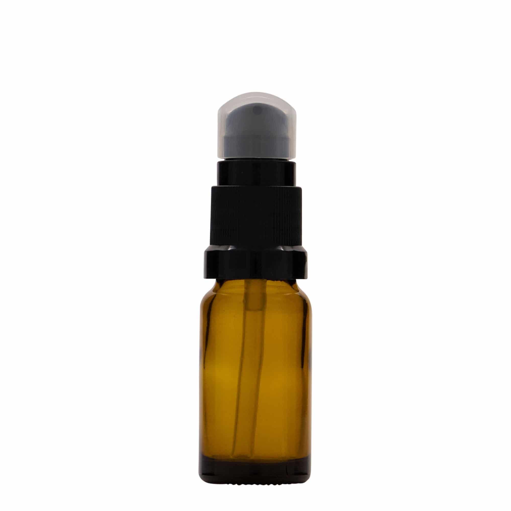 10 ml medicininis buteliukas su losjono pompa, stiklas, rudas, anga: DIN 18
